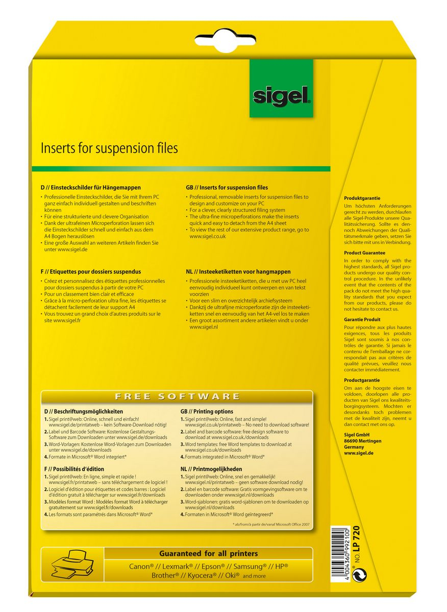 Sigel LP720 tiquette non-adhsive 156 pice(s) Blanc Rectangle
