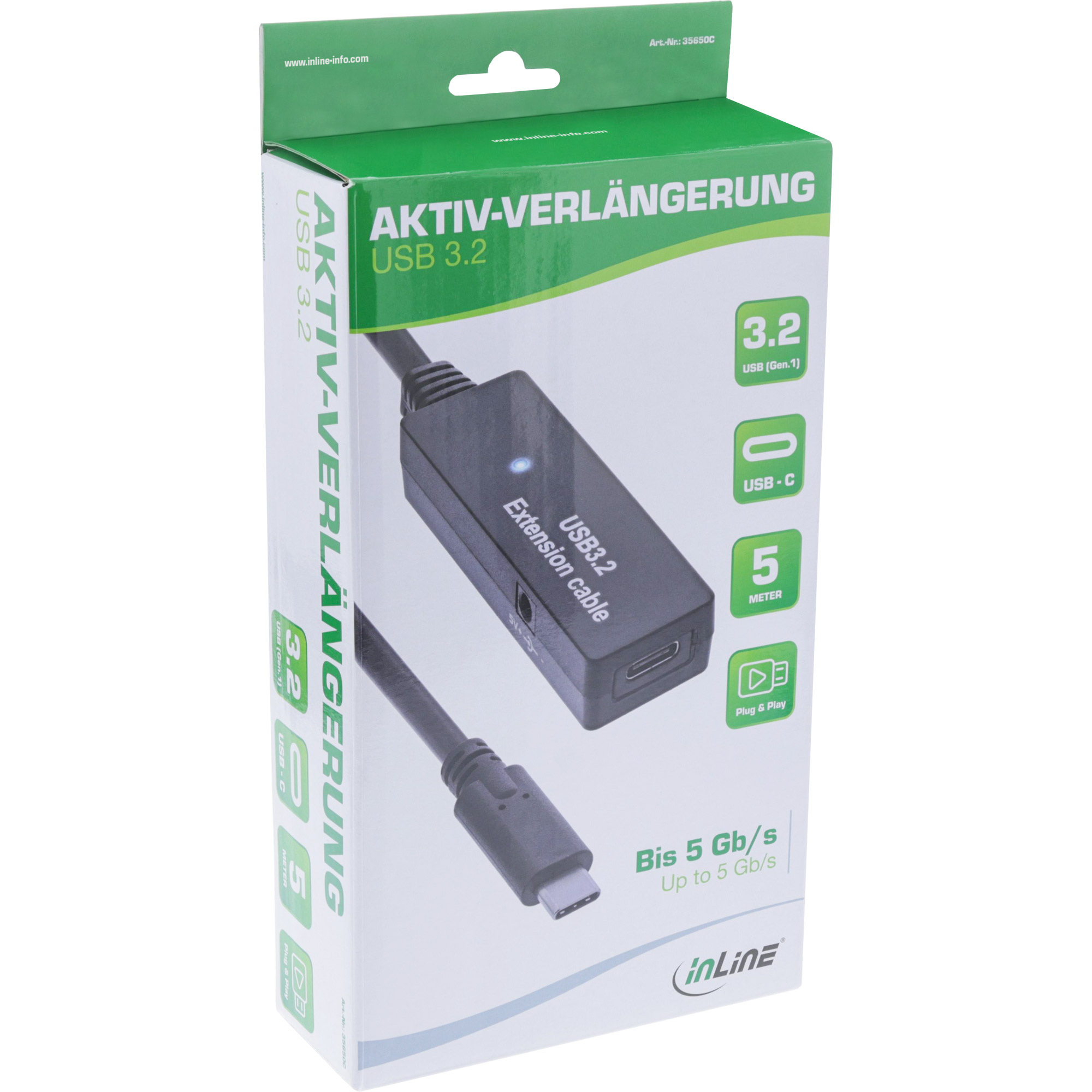 InLine USB 3.2 Gen.1 Aktiv-Verl�ngerung - USB-C Stecker an USB-C Buchse - 5m
