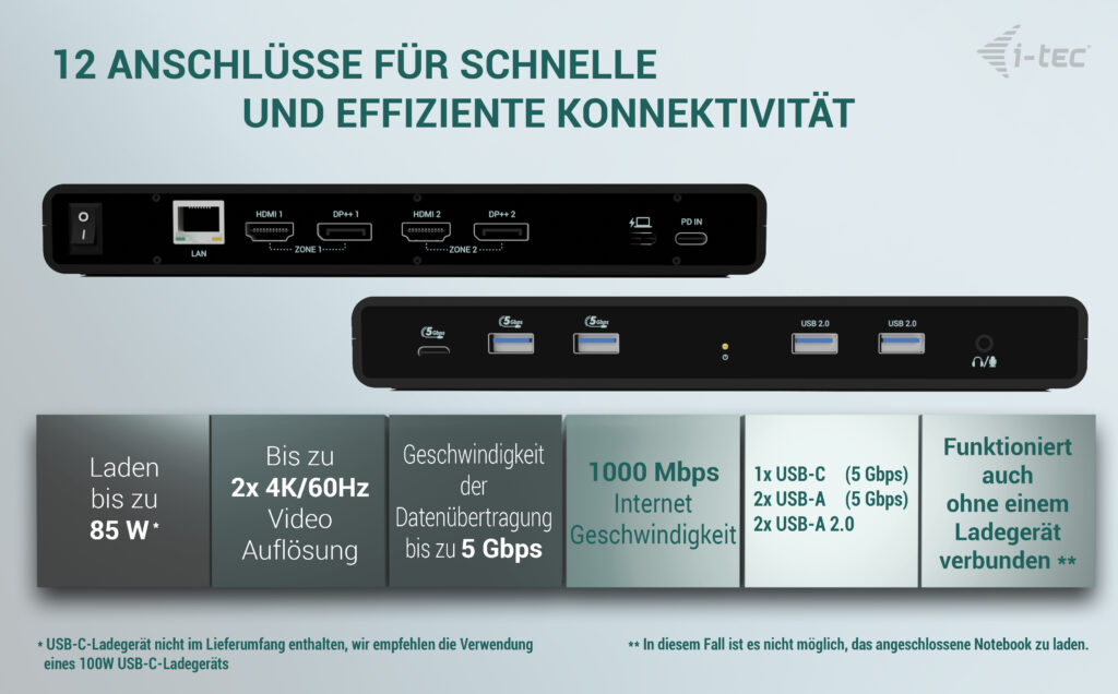 i-tec Universal Dual 4K Display Docking Station + Power Delivery 85W