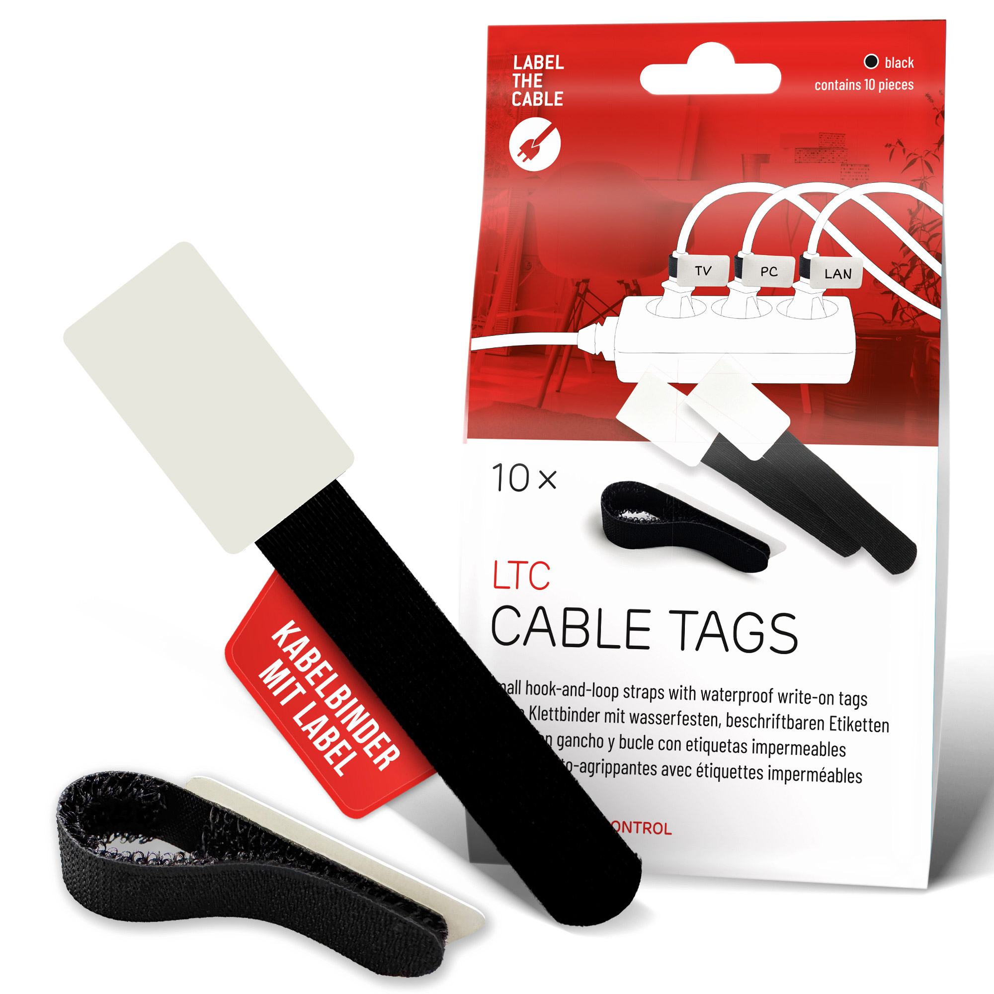 Label-the-cable LTC Klettkabelbinderlabel Set wiederverwendbar schwarz 10er