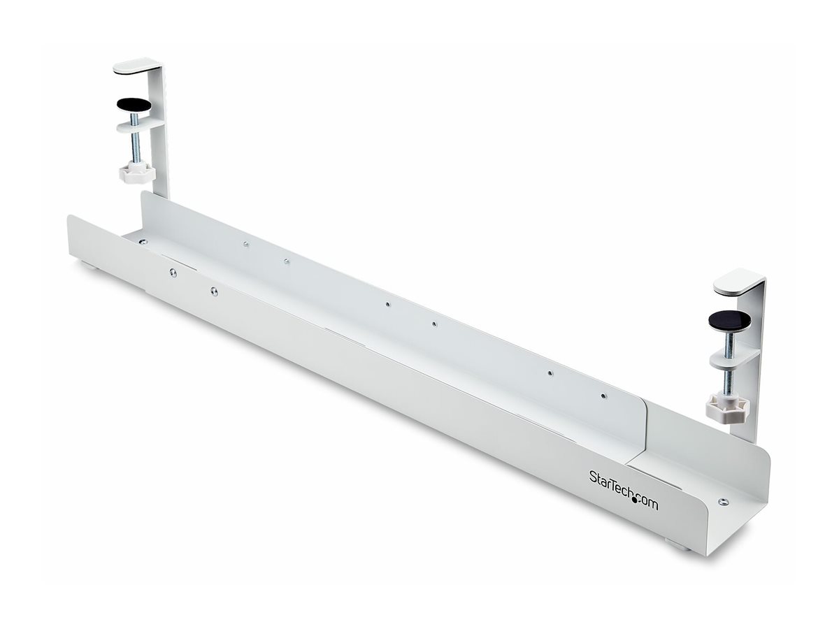 StarTech.com Under Desk Cable Management Tray, Length Adjustable Cable Organizer, Clamp-On Installation, No Drilling Required, Power Bar Holder, White