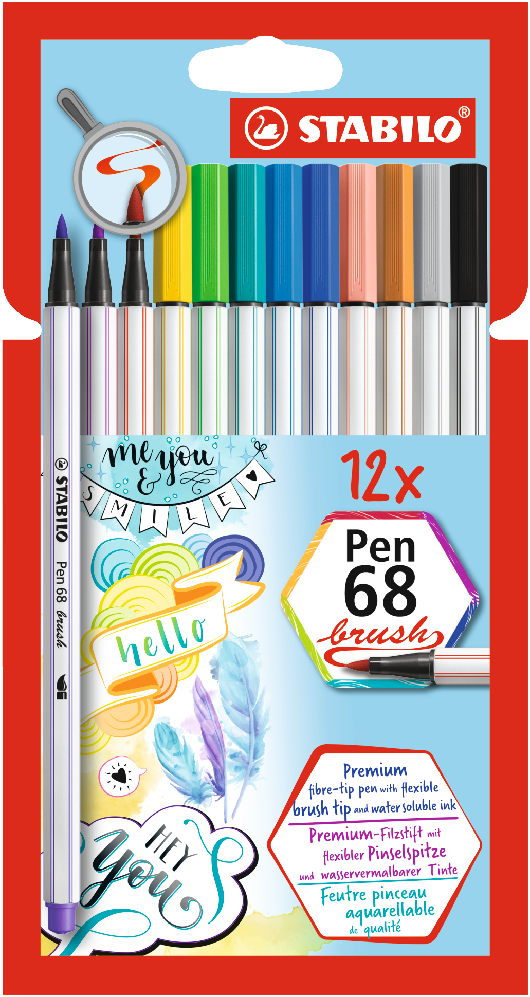STABILO Pen 68 Brush - Filzstift - verschiedene Farben - wasserbasierte Tinte (Packung mit 12)