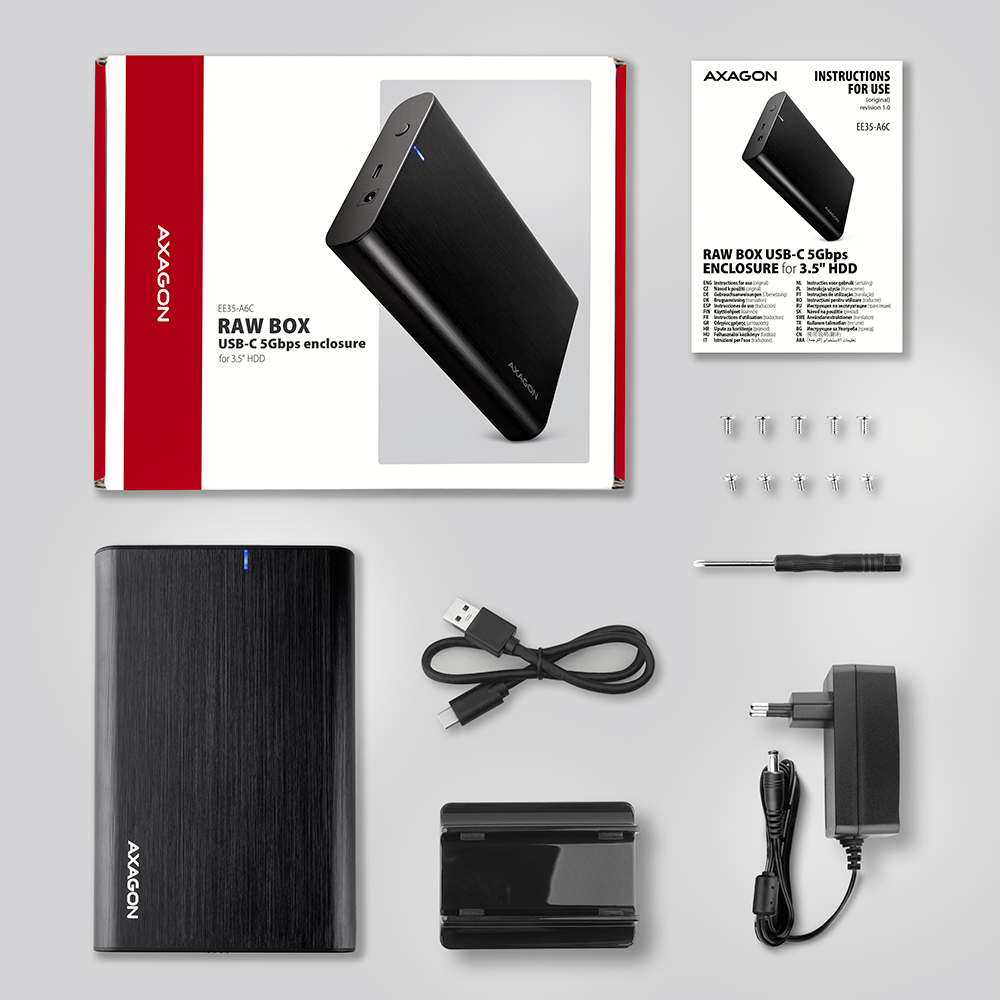 AXAGON EE35-A6C RAW HDD-Gehuse, USB-C 3.0, SATA 6G, 3,5/2,5 Zoll - schwarz