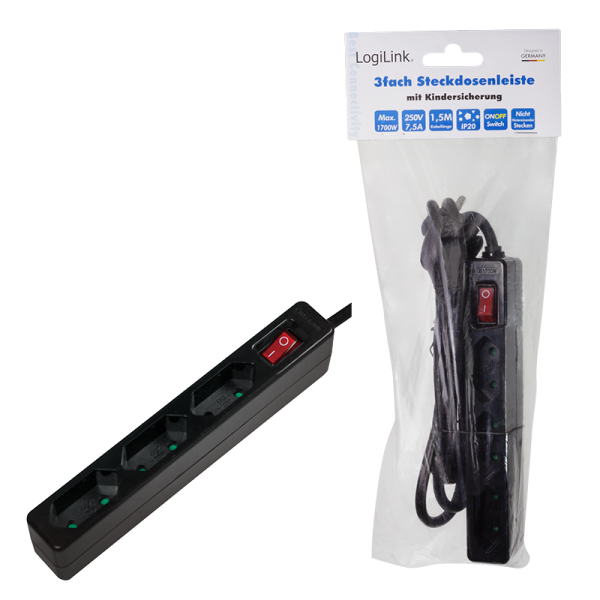 LogiLink LPS230B base m�ltiple 1,5 m 3 salidas AC Negro