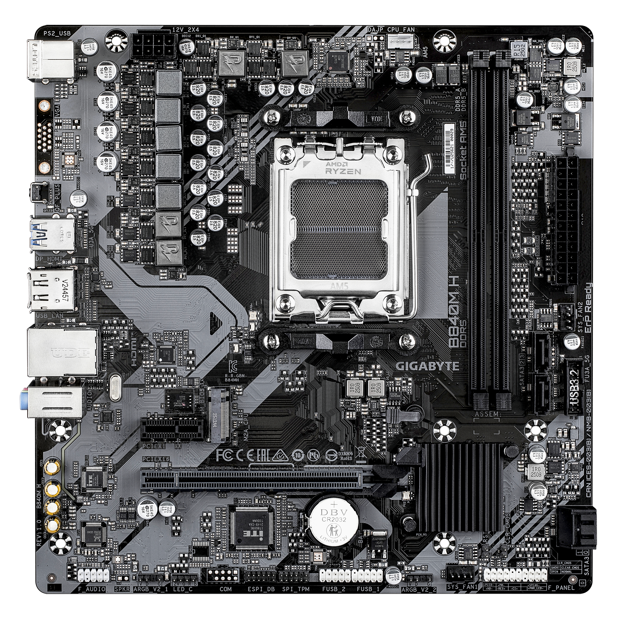 GIGABYTE B840M H Placa Base - Procesadores AMD Ryzen 9000, VRM de 5+2+2 fases, hasta 7200MHz DDR5 (O.C), 1xPCIe 4.0 M.2, LAN 1GbE, USB 3.2 Gen 1