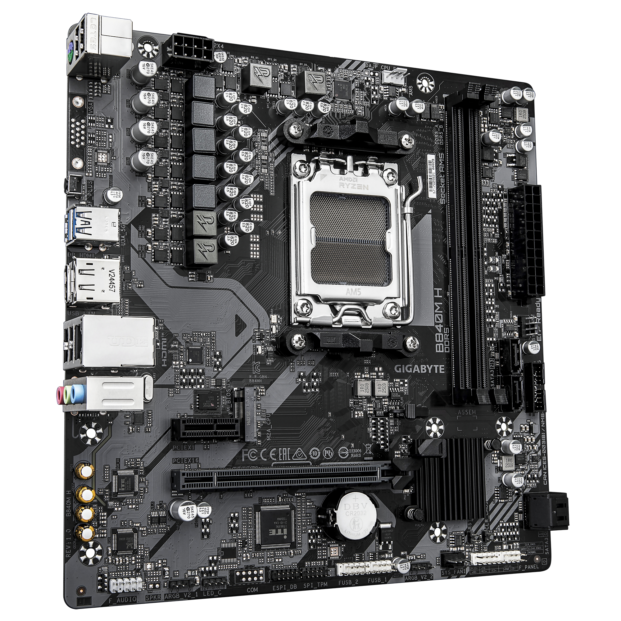 GIGABYTE B840M H Placa Base - Procesadores AMD Ryzen 9000, VRM de 5+2+2 fases, hasta 7200MHz DDR5 (O.C), 1xPCIe 4.0 M.2, LAN 1GbE, USB 3.2 Gen 1