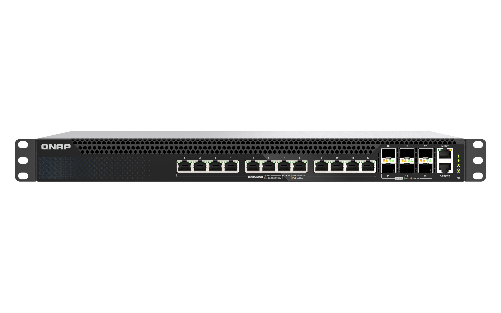 QNAP QSW-M5218P-6F12T commutateur r�seau G�r� L3 10G Ethernet (100/1000/10000) Connexion Ethernet, supportant lalimentation via ce port (PoE) 1U Noir