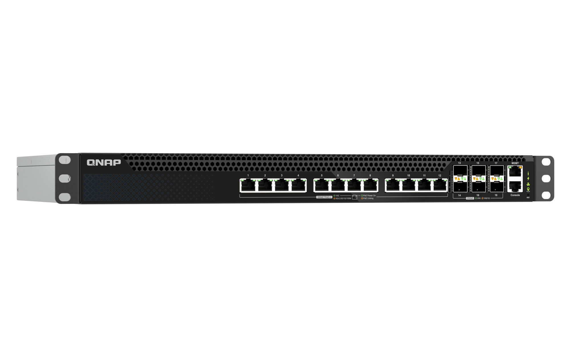 QNAP QSW-M5218P-6F12T commutateur r�seau G�r� L3 10G Ethernet (100/1000/10000) Connexion Ethernet, supportant lalimentation via ce port (PoE) 1U Noir