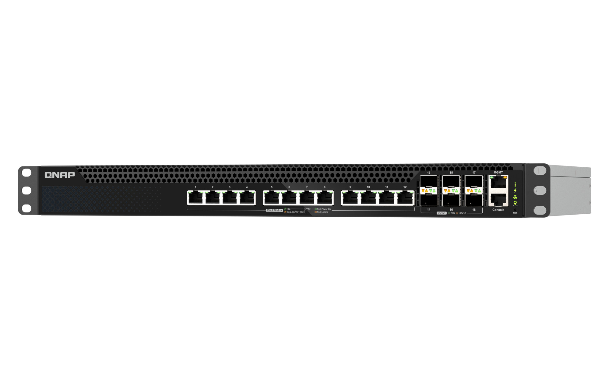 QNAP QSW-M5218P-6F12T commutateur r�seau G�r� L3 10G Ethernet (100/1000/10000) Connexion Ethernet, supportant lalimentation via ce port (PoE) 1U Noir
