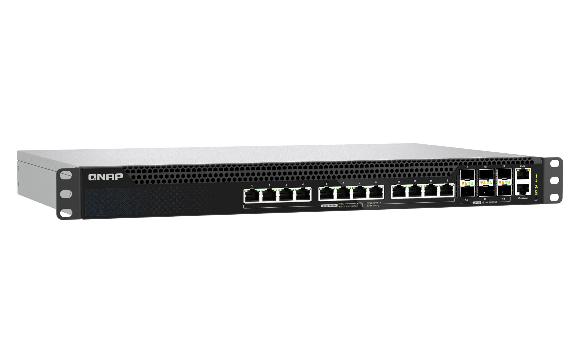 QNAP QSW-M5218P-6F12T commutateur r�seau G�r� L3 10G Ethernet (100/1000/10000) Connexion Ethernet, supportant lalimentation via ce port (PoE) 1U Noir
