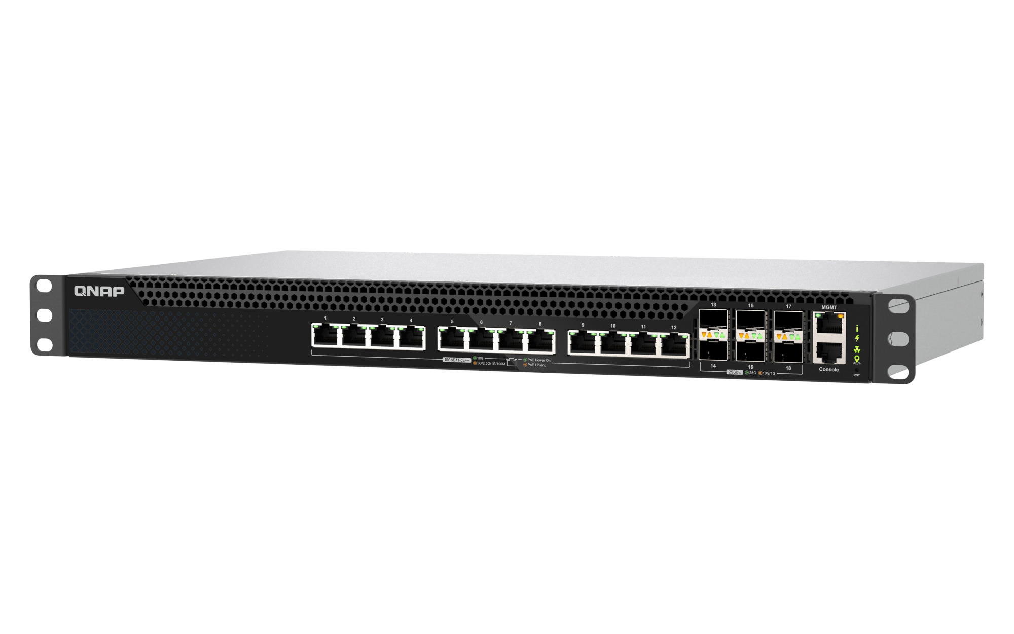 QNAP QSW-M5218P-6F12T commutateur r�seau G�r� L3 10G Ethernet (100/1000/10000) Connexion Ethernet, supportant lalimentation via ce port (PoE) 1U Noir