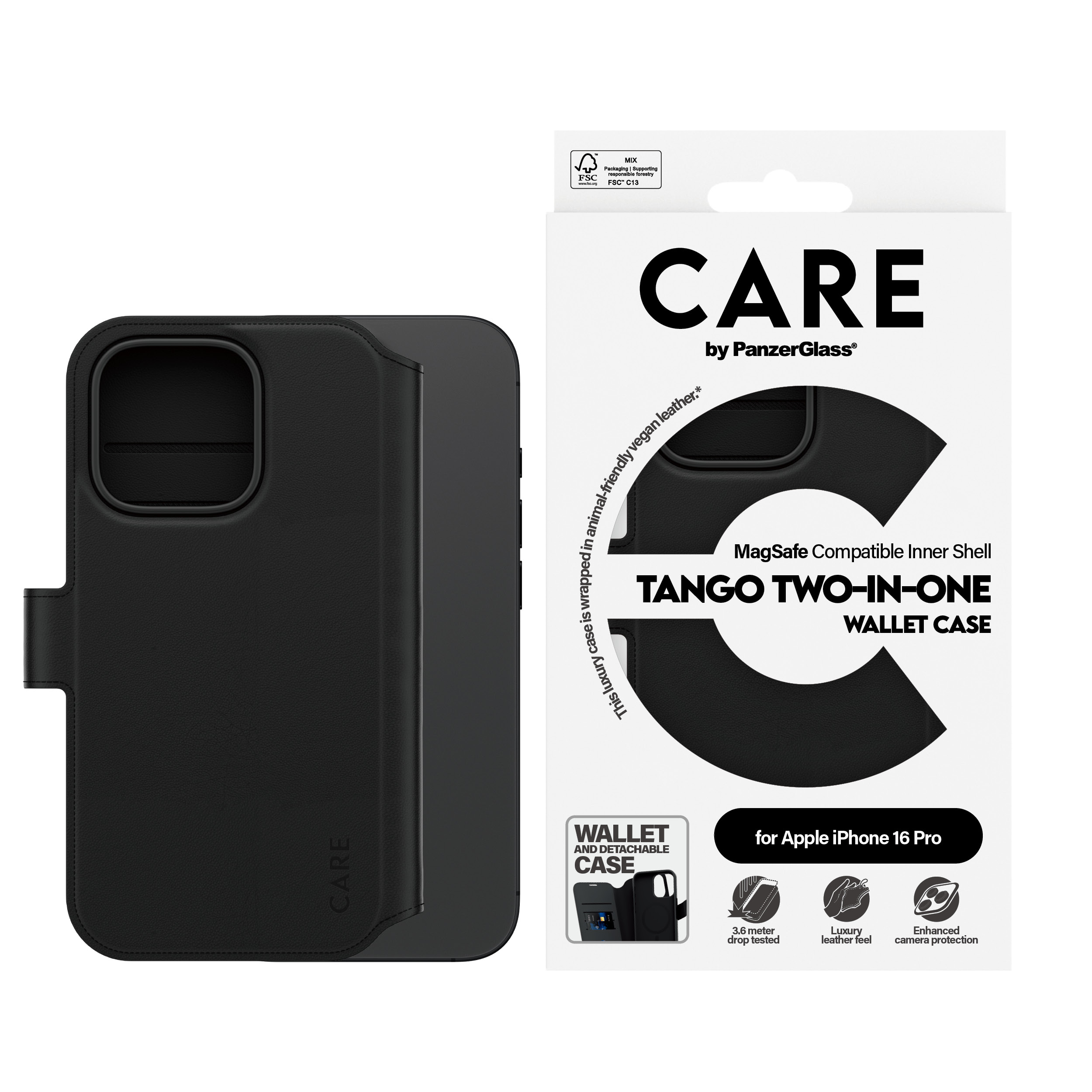 PanzerGlass CARE by � Tango 2-in-1 Wallet Case w. MagSafe iPhone 16 Pro coque de protection pour t�l�phones portables Housse Noir