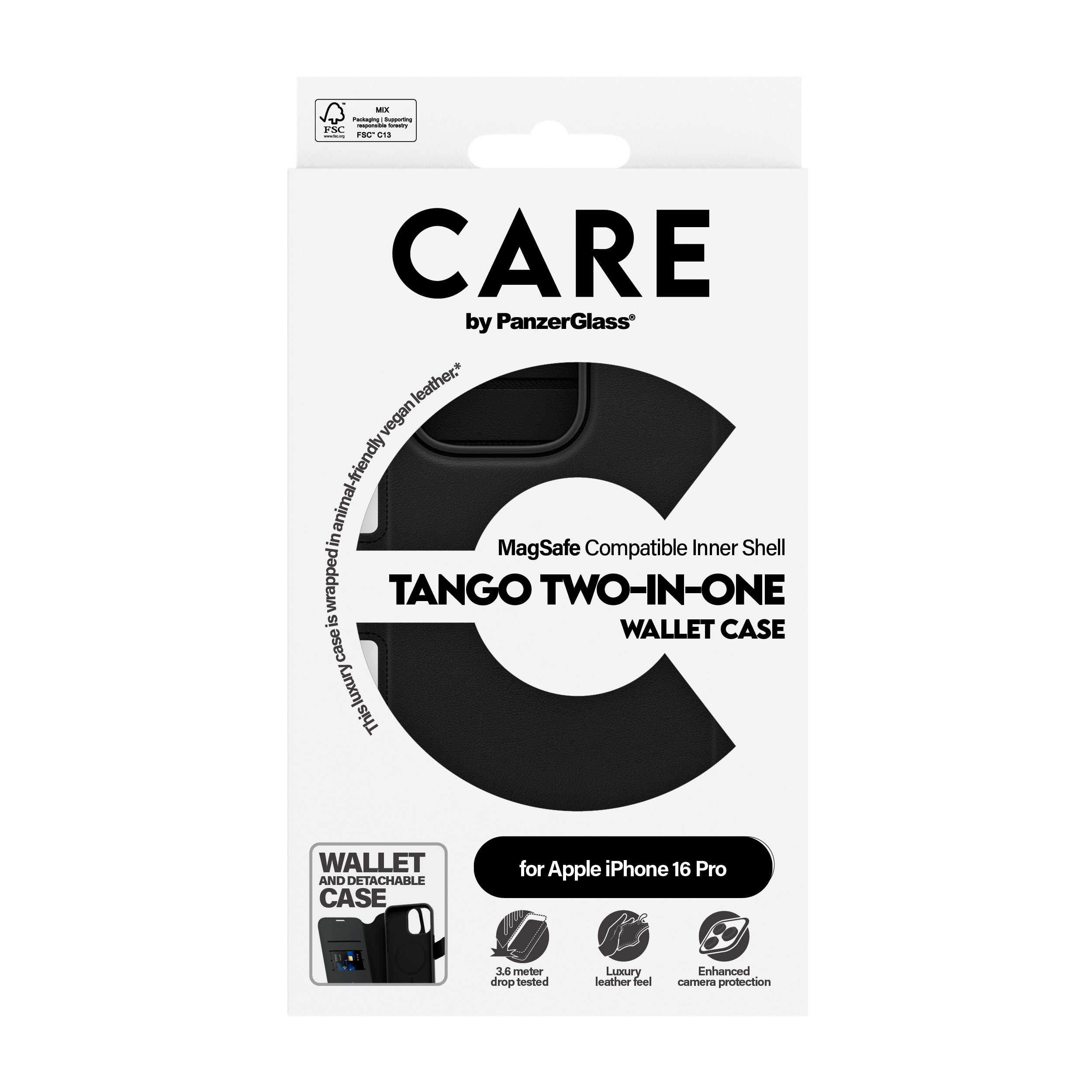 PanzerGlass CARE by � Tango 2-in-1 Wallet Case w. MagSafe iPhone 16 Pro coque de protection pour t�l�phones portables Housse Noir
