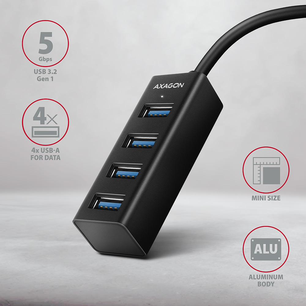 Axagon HUE-M1A interface hub USB 3.2 Gen 1 (3.1 Gen 1) Type-A 5000 Mbit/s Black