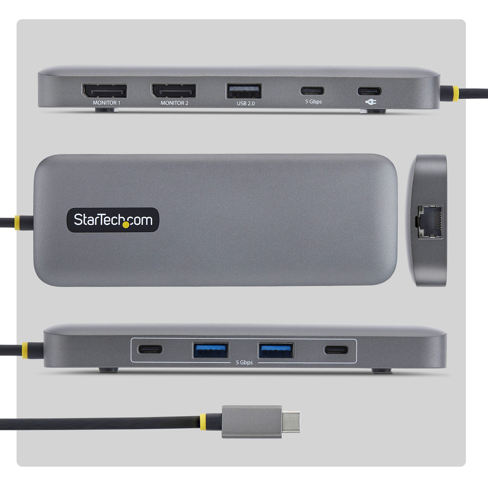 StarTech.com Adattatore Multiporta USB-C a Dual DisplayPort 10-in-1, ricarica PD 100W, 2x 4K 60Hz, Hub 5 porte 5Gbps, Gigabit Ethernet, Mini Dock Dell/HP/Lenovo