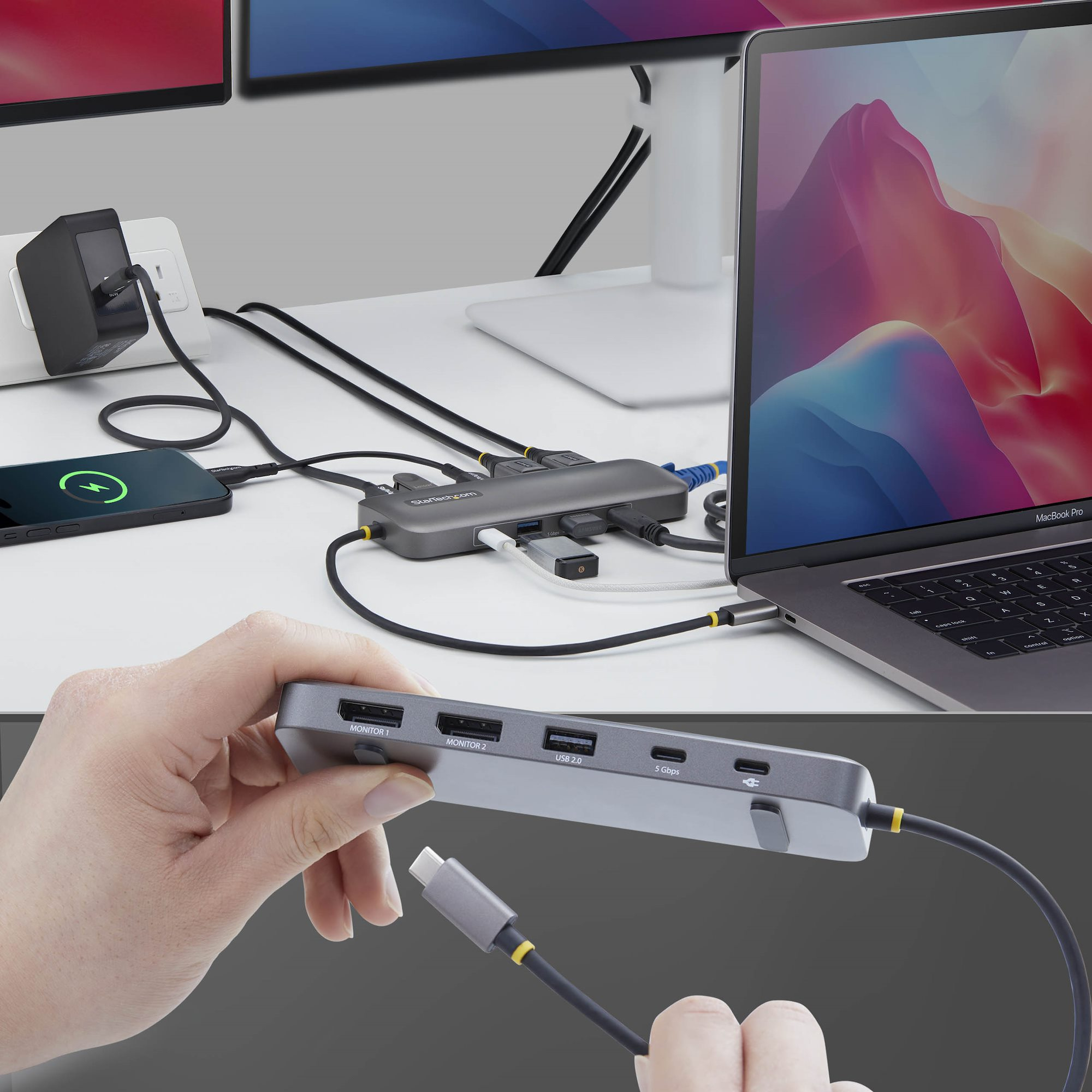 StarTech.com Adattatore Multiporta USB-C a Dual DisplayPort 10-in-1, ricarica PD 100W, 2x 4K 60Hz, Hub 5 porte 5Gbps, Gigabit Ethernet, Mini Dock Dell/HP/Lenovo