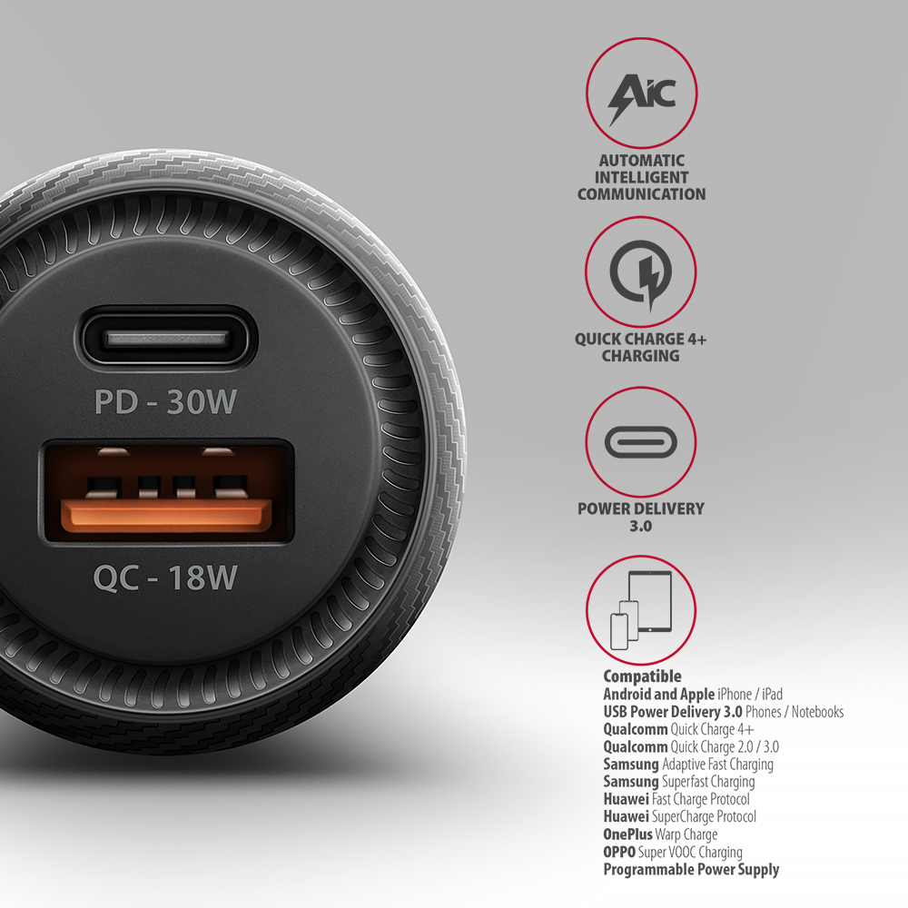Axagon PWC-PQ48 PD3.0 & QC4+ 2xOUTPUTS car charger 48W