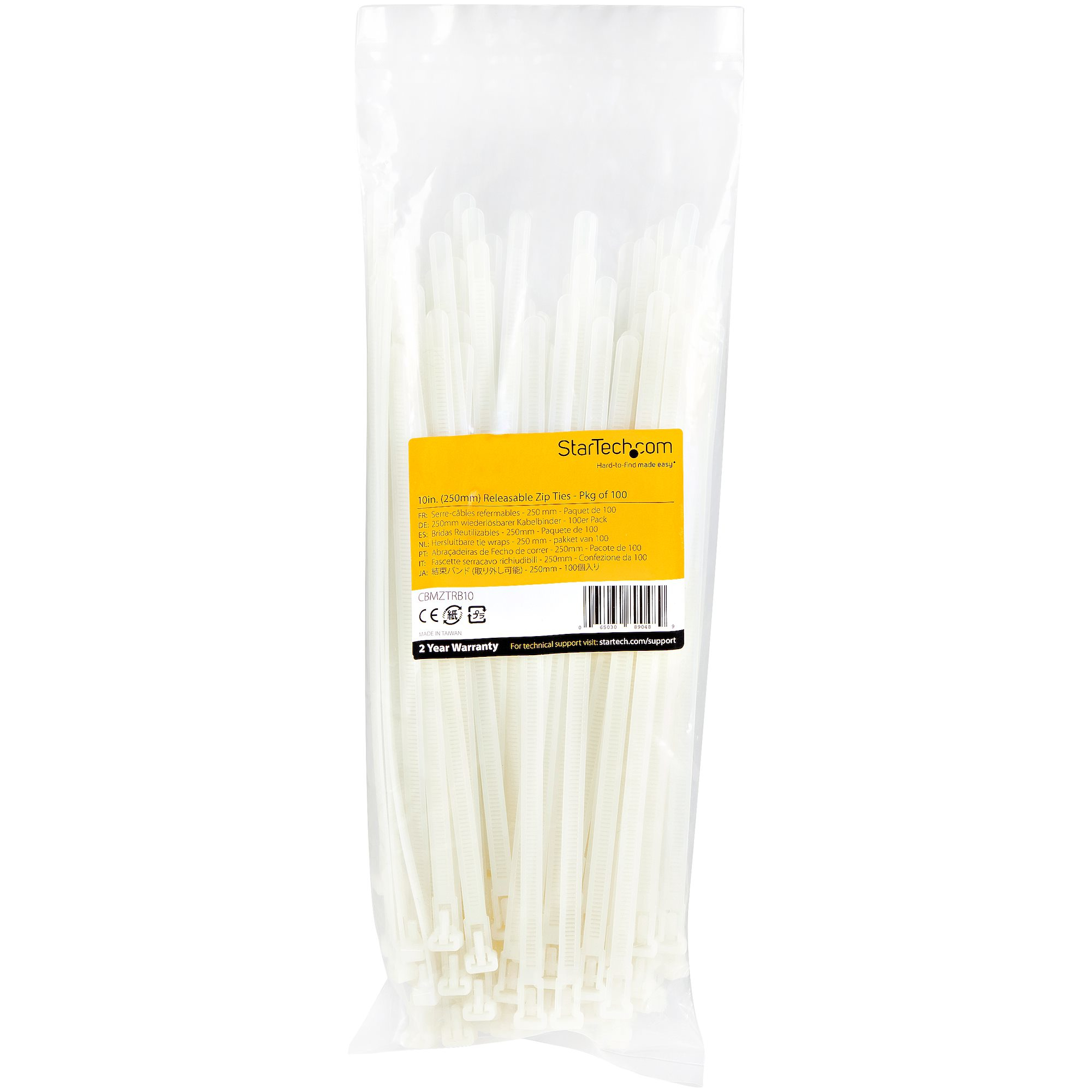 StarTech.com Fascette fermacavo riutilizzabili da 25 cm - 7 mm di larghezza, 65 mm di diametro del fascio e resistenza alla trazione 22 kg, fascette di nylon per interni/esterni, Omologati 94V-2/UL, 100 pezzi - bianco
