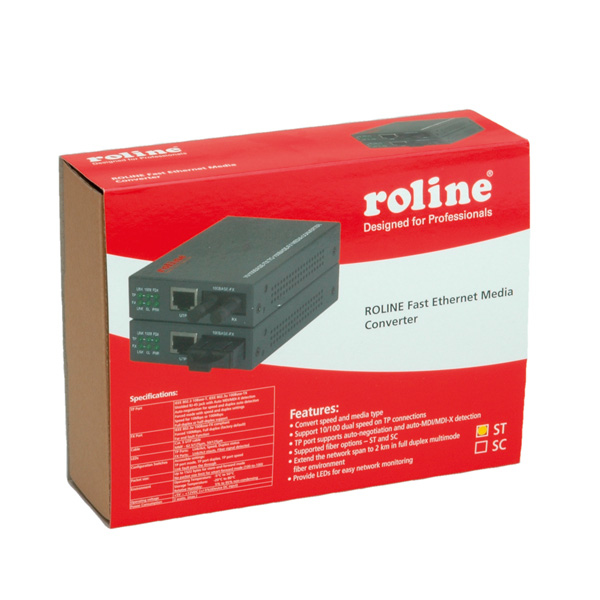ROLINE RC-100FX/ST Fast Ethernet Converter, RJ-45 to ST, Loop-back convertitore multimediale di rete
