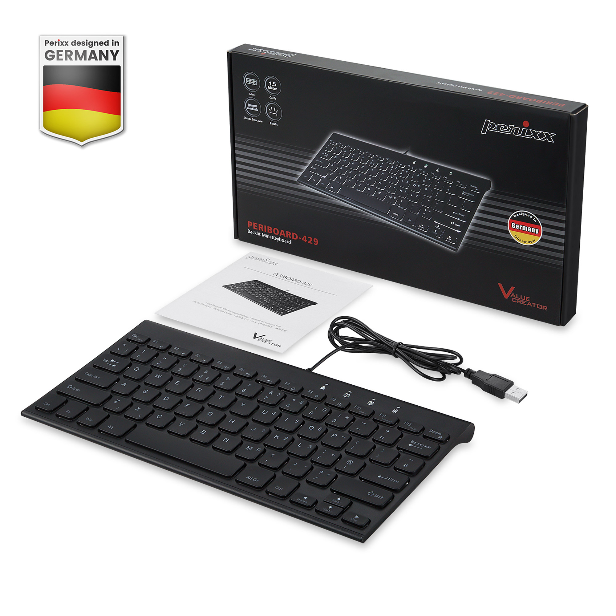 Perixx PERIBOARD-429 DE kabelgebunden USB Mini Tastatur mit Hintergrundbeleuchtung - Tastatur - QWERTZ