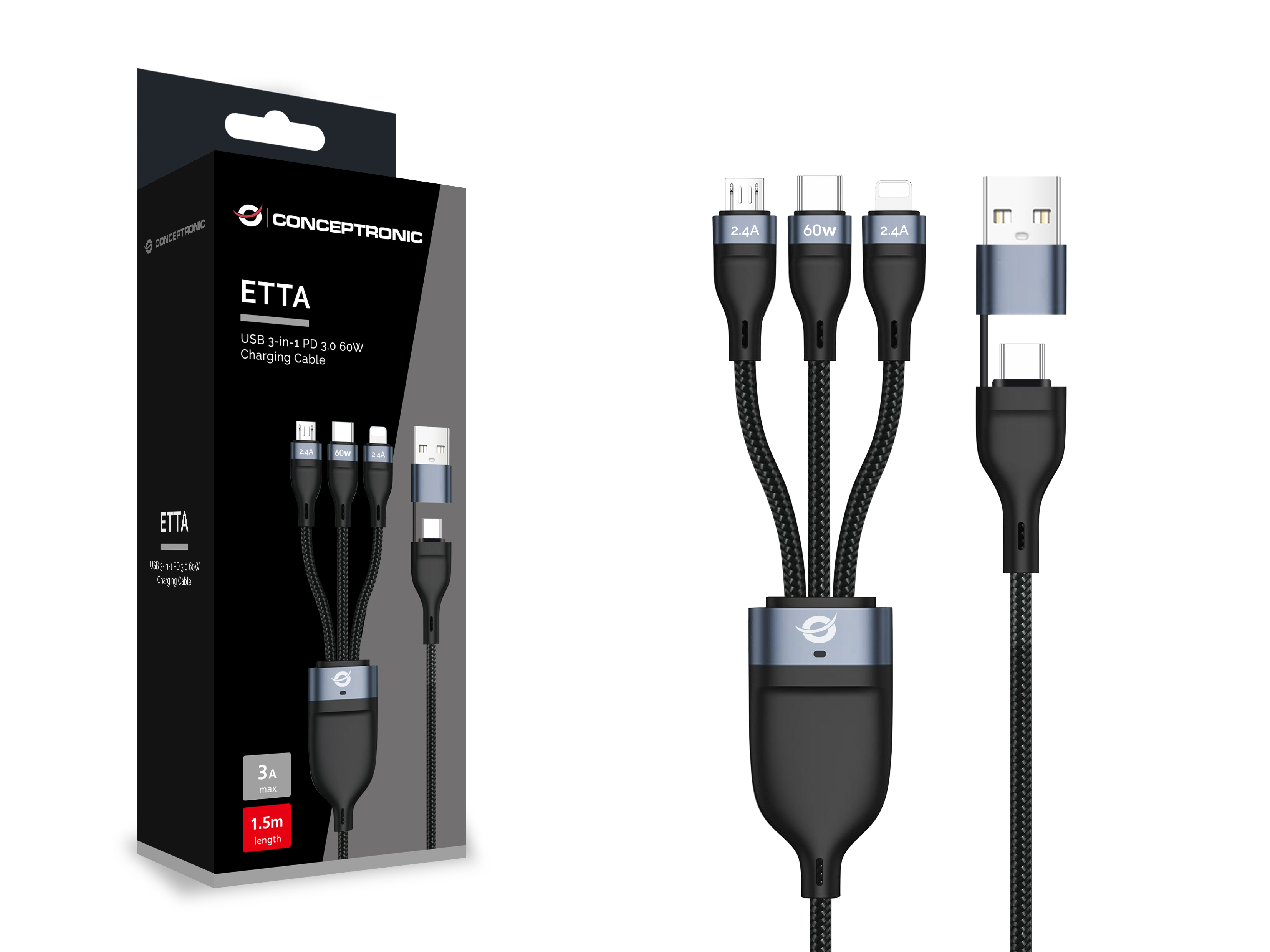 Conceptronic Kabel USB-C/A 3.0 -> 3-in-1 60W 1.50m 480Mbps - Kabel - Digital/Daten