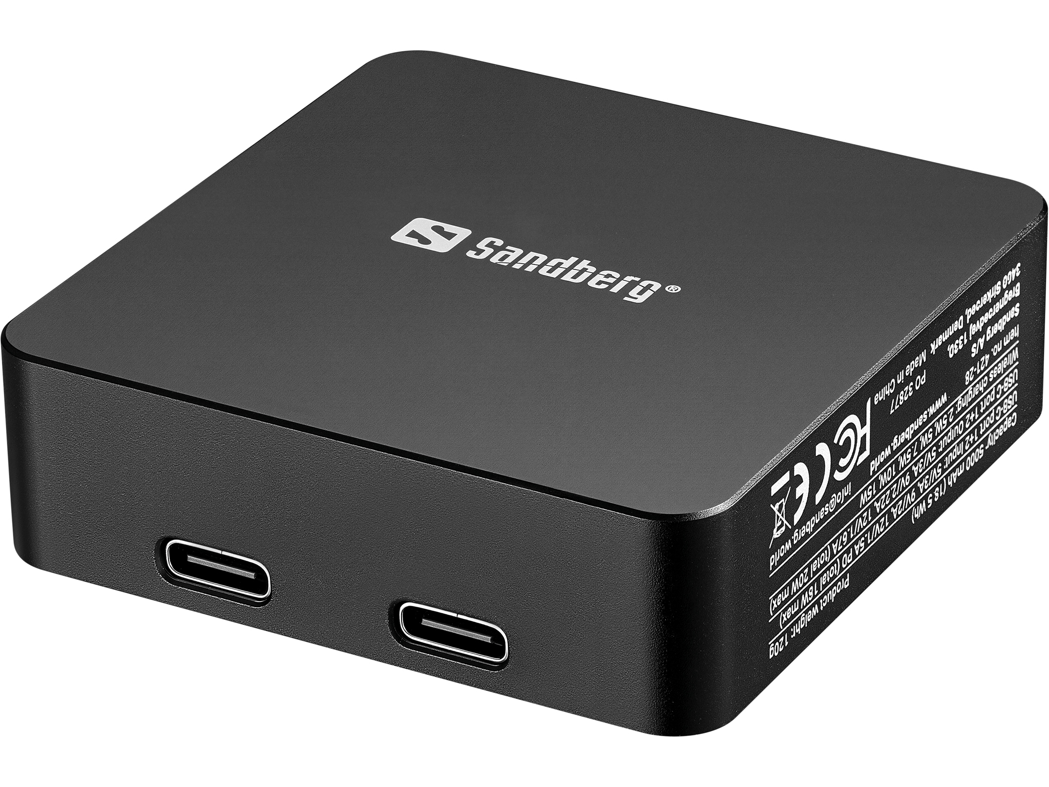 SANDBERG 3in1 - Induktive Power Bank - 5000 mAh - 18.5 Wh - 20 Watt - 3 A - PD - 2 Ausgabeanschlussstellen (24 pin USB-C)