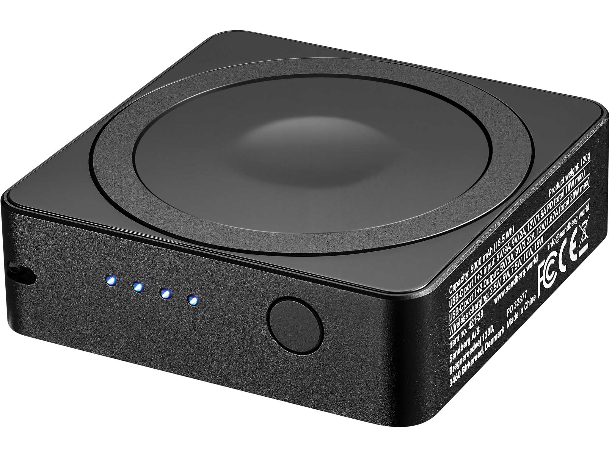 SANDBERG 3in1 - Induktive Power Bank - 5000 mAh - 18.5 Wh - 20 Watt - 3 A - PD - 2 Ausgabeanschlussstellen (24 pin USB-C)