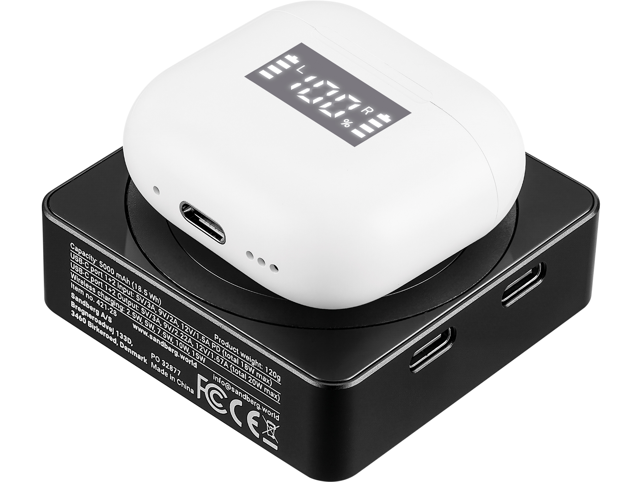 SANDBERG 3in1 - Induktive Power Bank - 5000 mAh - 18.5 Wh - 20 Watt - 3 A - PD - 2 Ausgabeanschlussstellen (24 pin USB-C)