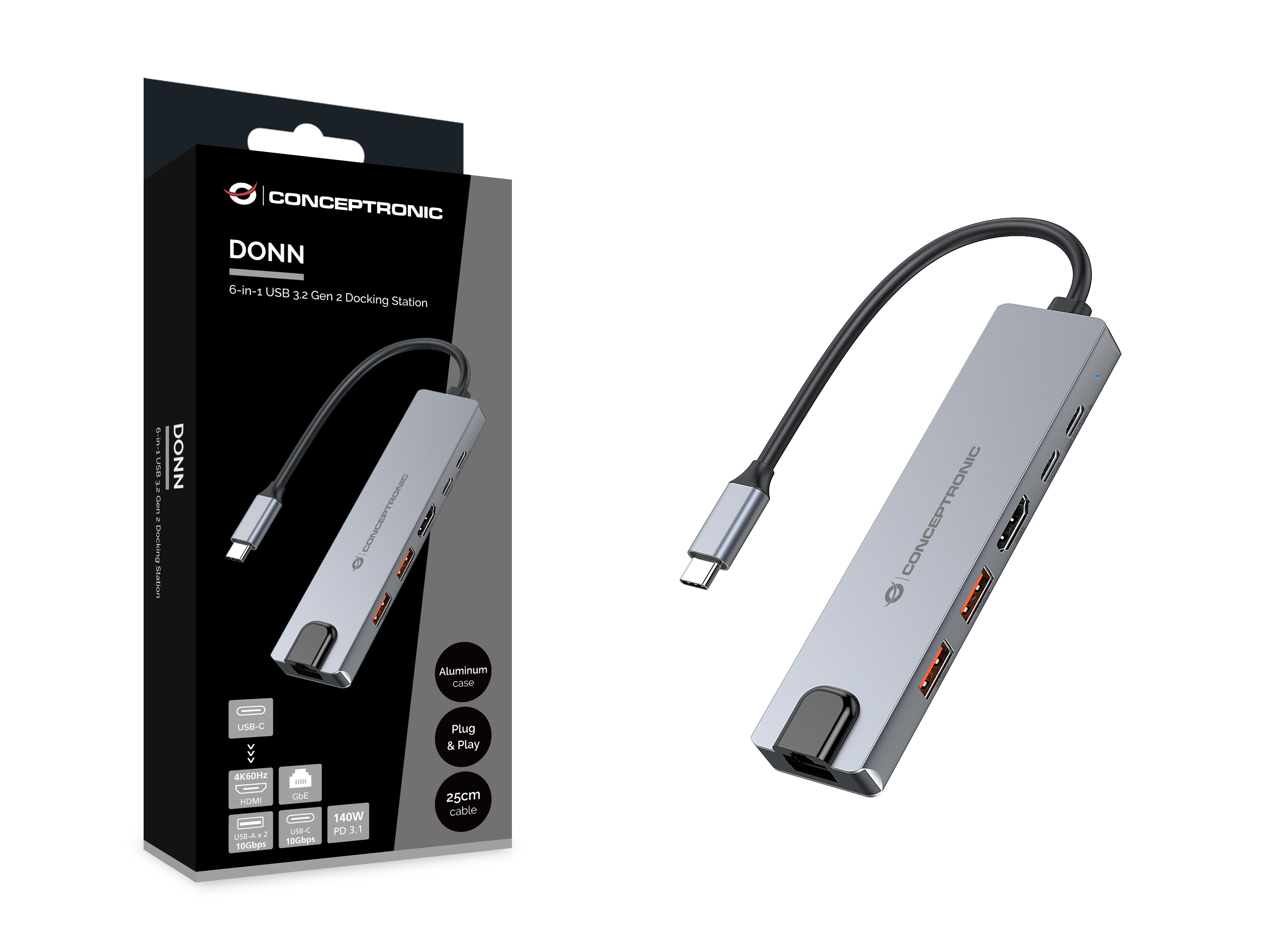 Conceptronic Dock 6-in-1 USB-C->HDMI 2xUSB-A USB-C GbE 140W