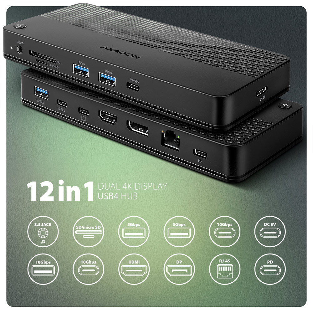 Axagon HMC-U4 laptop dock/port replicator Wired USB4 Black