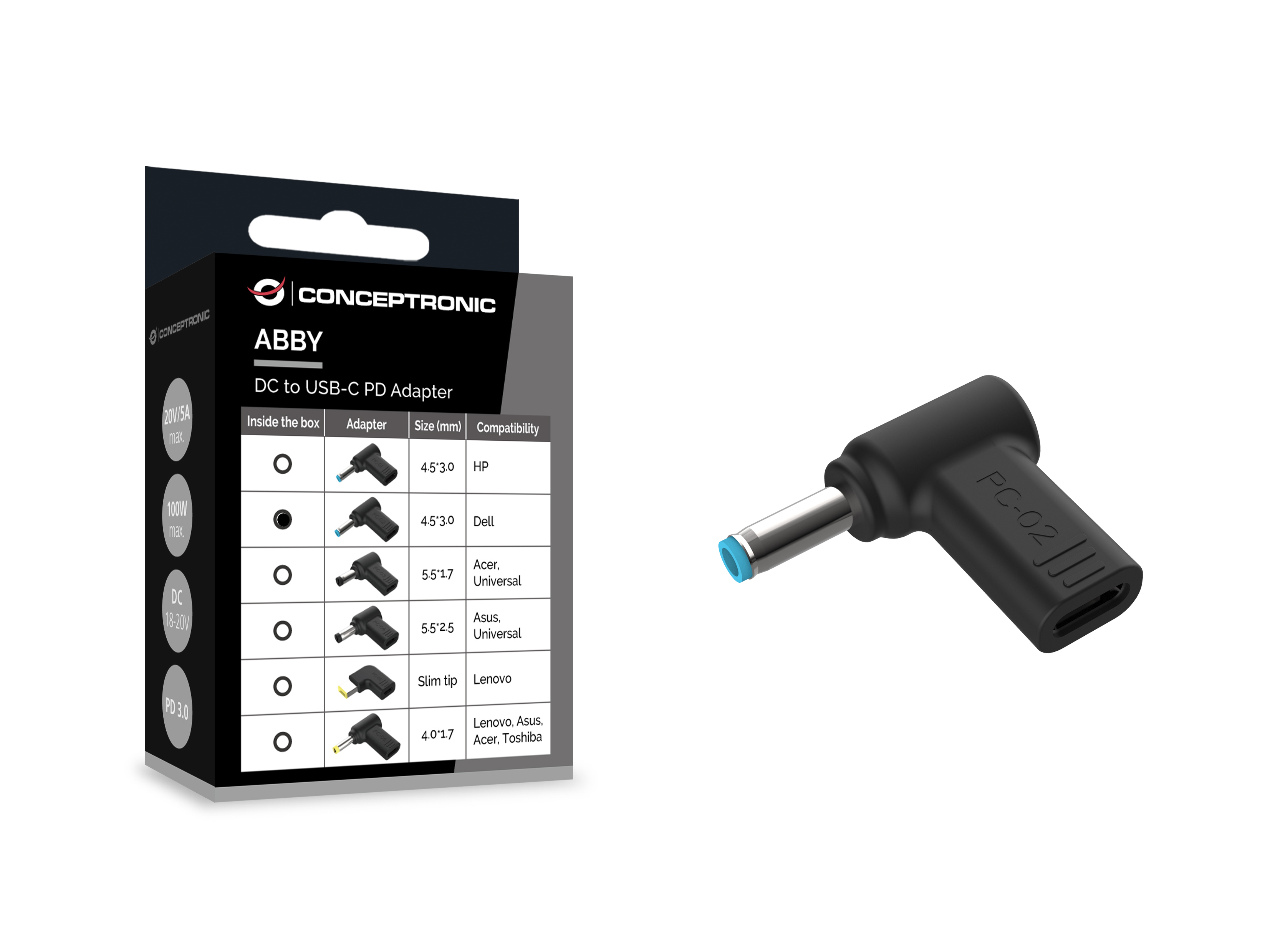 Conceptronic ABBY15PC02 DC to USB-C Adapter, Dell 4.5x3.0mm, 18-20V