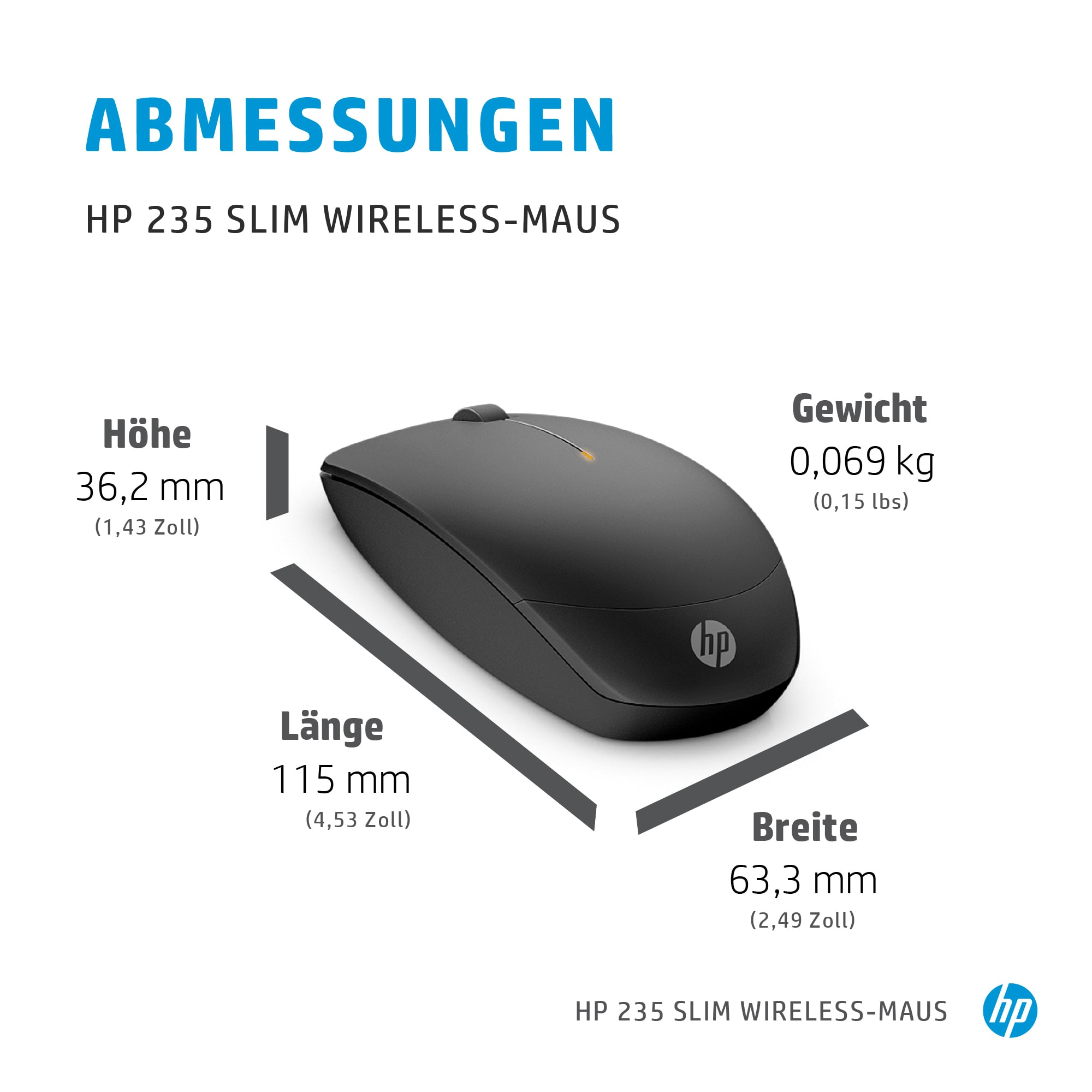 HP 235 Slim - Maus - optisch - 3 Tasten - kabellos - 2.4 GHz - kabelloser Empf�nger (USB)