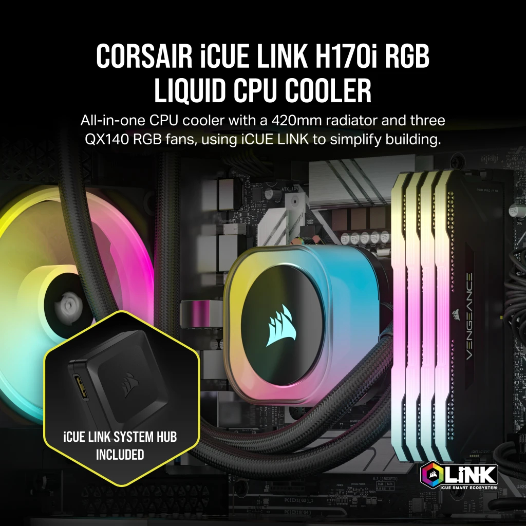 Corsair iCUE Link H170I RGB - Prozessor-Flssigkeitskhlsystem - Khlergre: 420 mm - (fr: LGA1156, LGA1155, LGA1150, LGA1151, AM4, LGA1200, LGA1700, AM5)