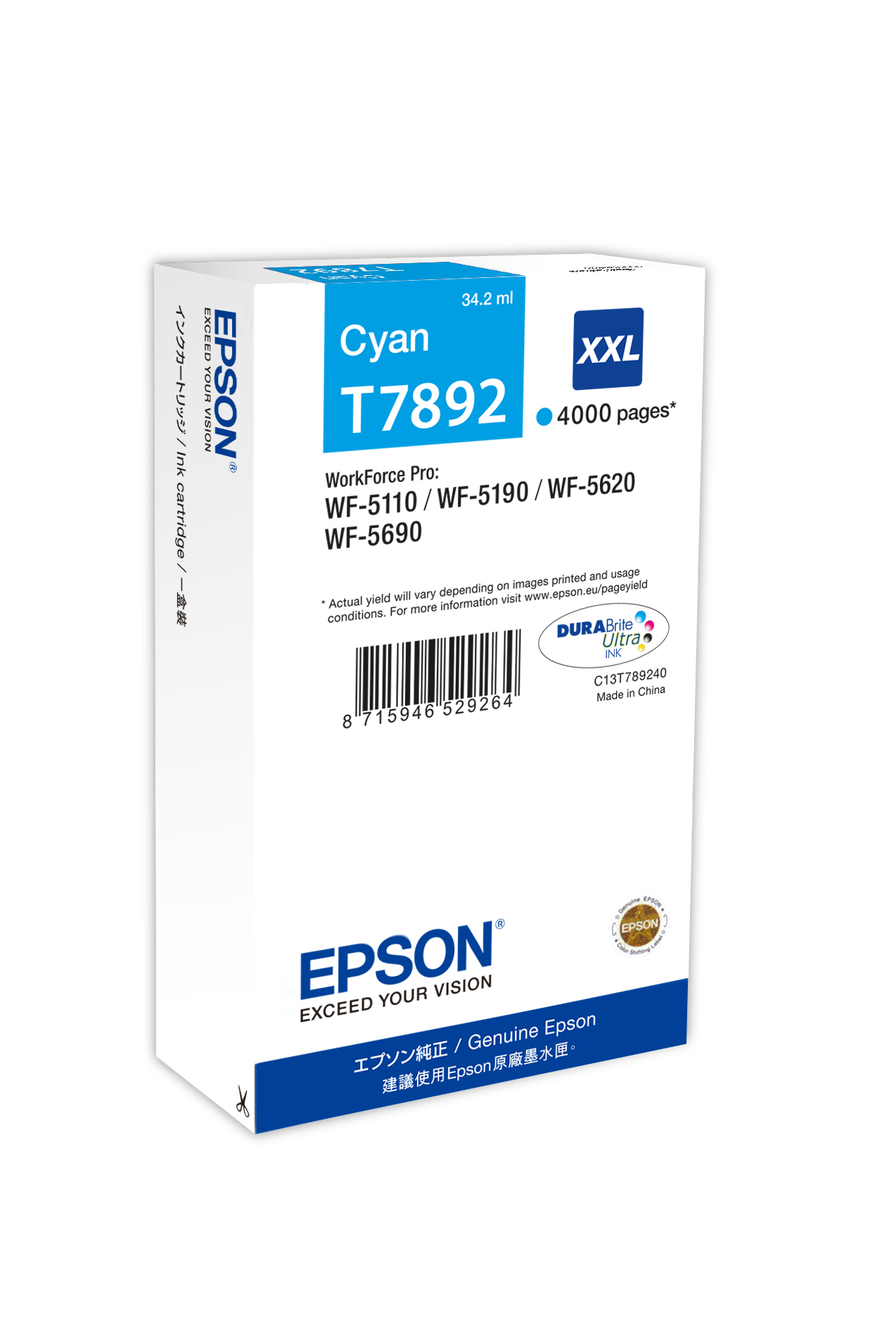 Epson T7892 - C13T789240 - Tinte cyan - fr WorkForce Pro WF-5110DW, WF-5190DW, WF-5190DW BAM, WF-5620DWF, WF-5690DWF, WF-5690DWF BAM