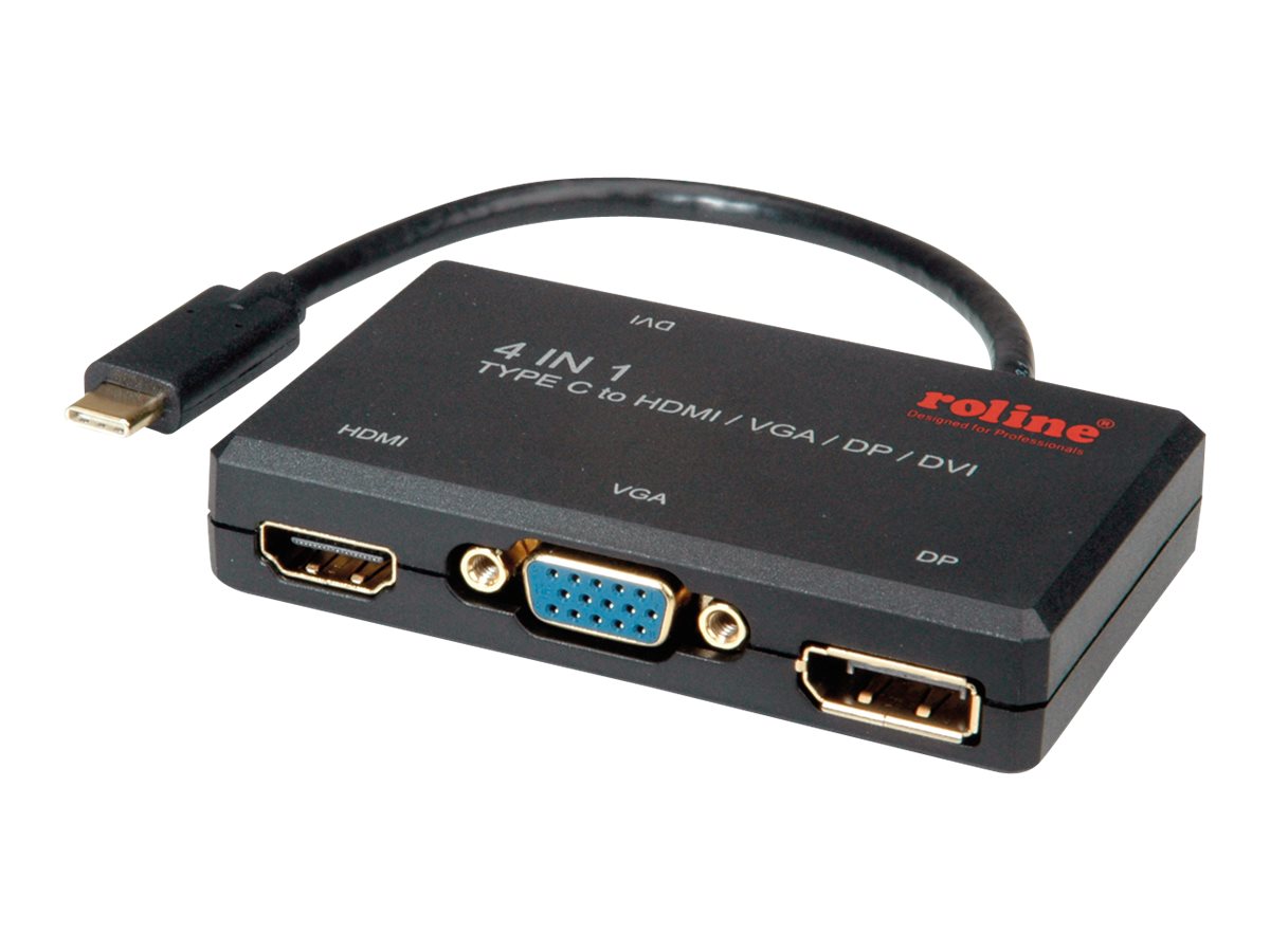 ROLINE 12.03.3138  ROLINE 12.03.3138 video cable adapter 0.1 m USB Type-C  DVI + VGA (D-Sub) + DisplayPort + HDMI Black