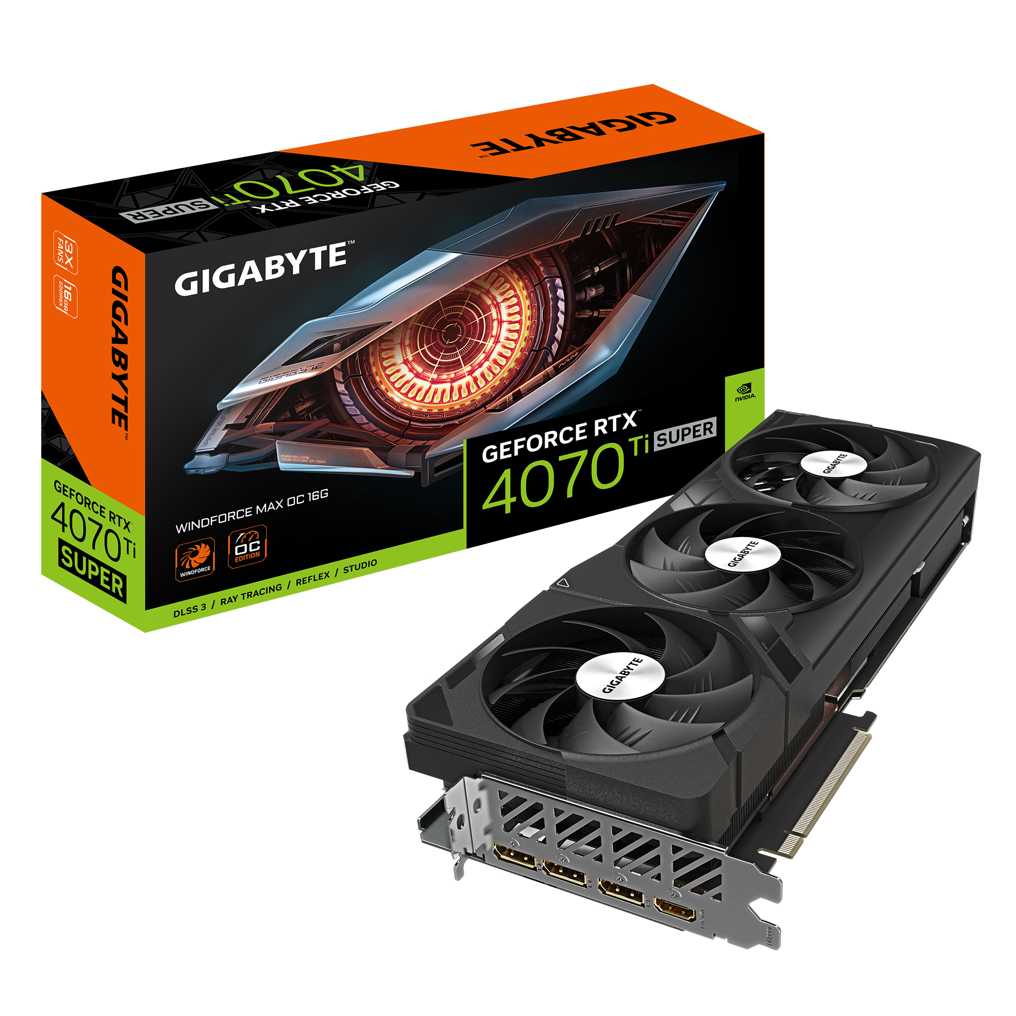 GIGABYTE GeForce RTX 4070 Ti SUPER WINDFORCE MAX OC Tarjeta Gr�fica - 16 GB GDDR6X, 256 bits, PCI-E 4.0, 2655 MHz Reloj Central, 3 x DisplayPort 1.4a, 1 x HDMI 2.1a, NVIDIA DLSS 3, GV-N407TSWF3MAX OC-16GD