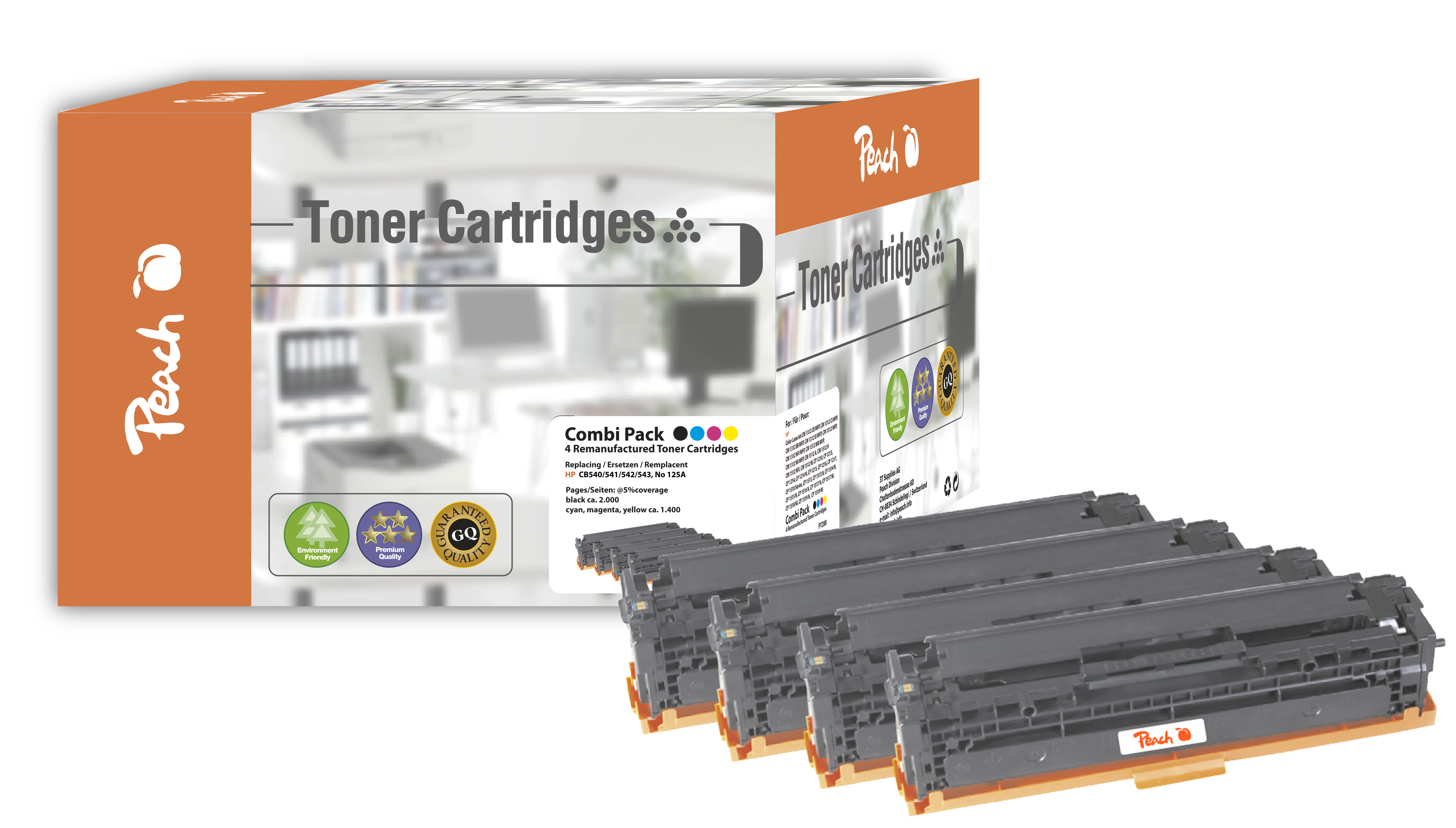 Peach Combi-Pack - 4er-Pack - Schwarz, Gelb, Cyan, Magenta - kompatibel - wiederaufbereitet - Tonerpatrone (Alternative zu: HP CB543A, HP CB542A, HP CB541A, HP CB540A)