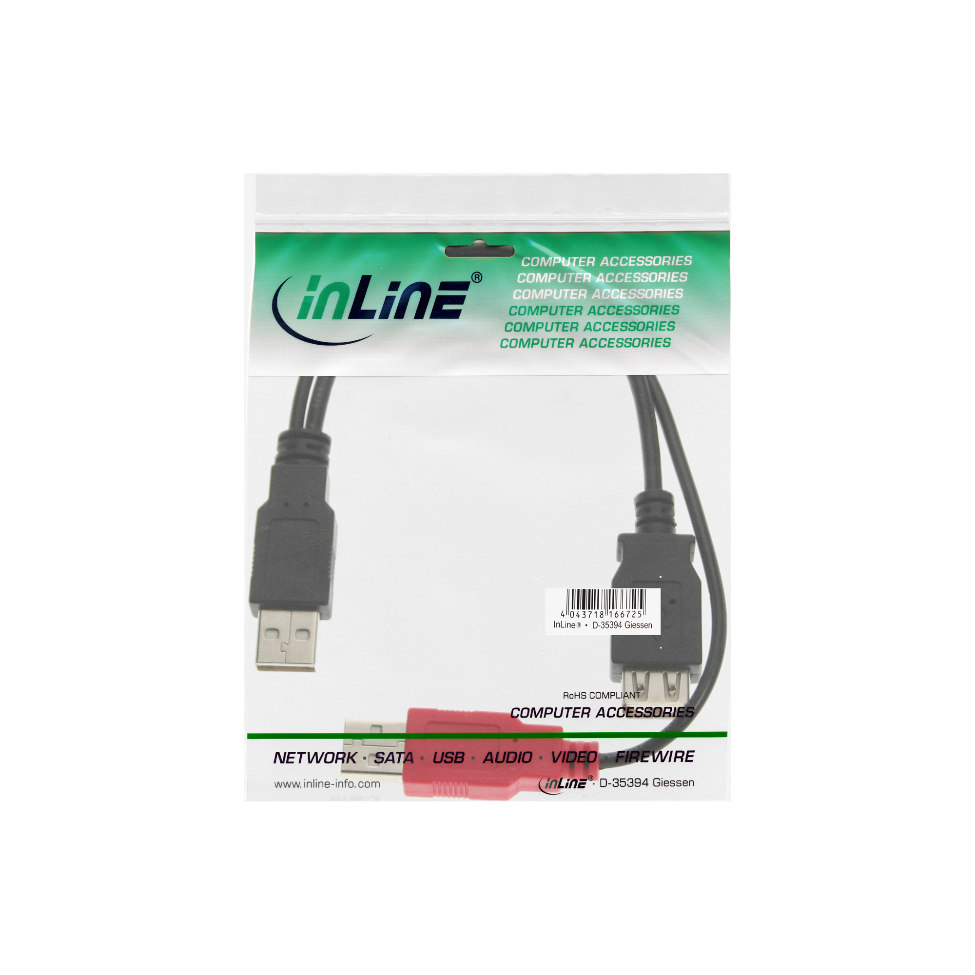 InLine Cavo USB 2.0 Sdoppiato, 2x A maschio / A femmina, Y Form, nero, 0,2m