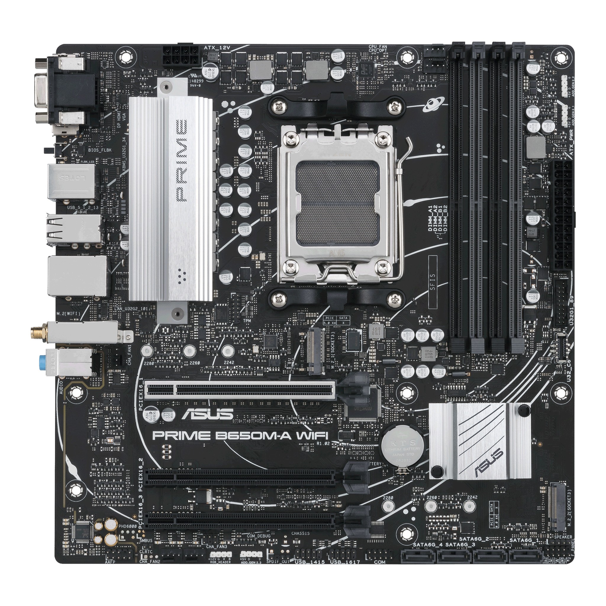 ASUS Prime B650M-A WIFI - Motherboard - micro ATX - Socket AM5 - AMD B650 Chipsatz - USB 3.2 Gen 1, USB 3.2 Gen 2, USB-C 3.2 Gen 1 - 2.5 Gigabit LAN, Wi-Fi 6, Bluetooth - Onboard-Grafik (CPU erforderlich)