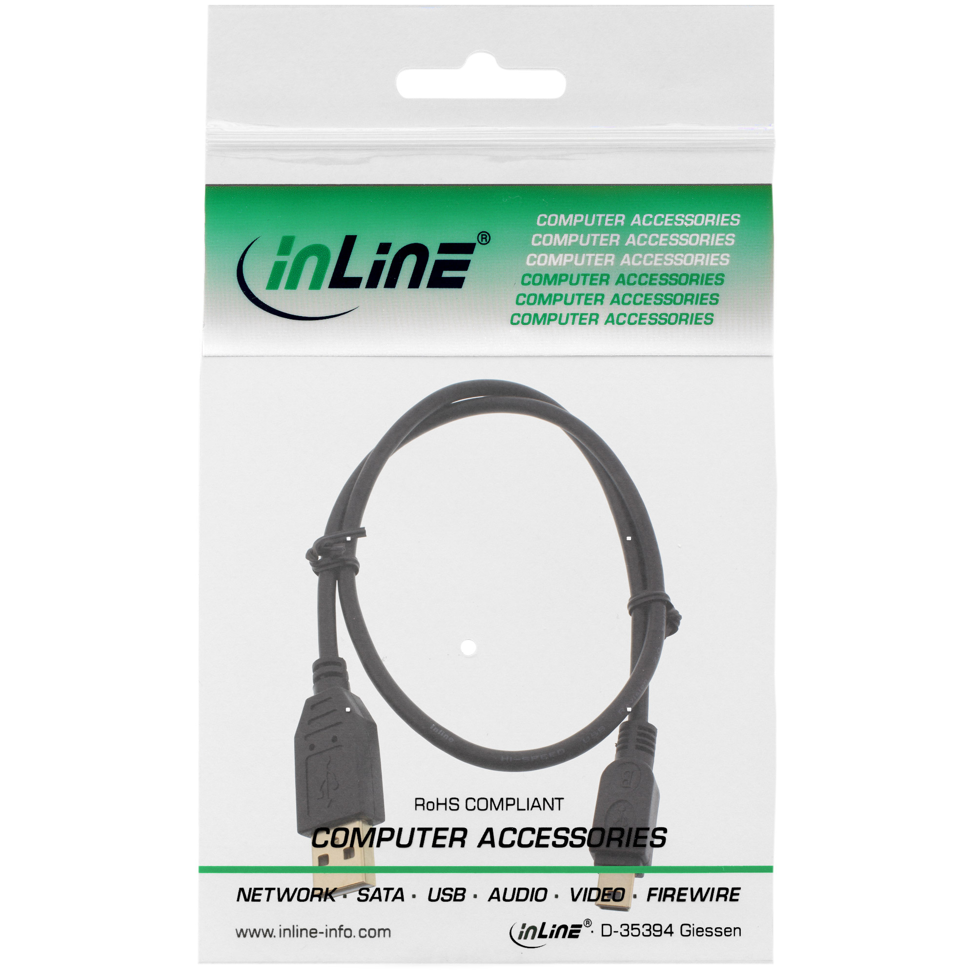 InLine USB 2.0 Mini Cable, Type A male / mini-B male (5pin), black/gold, 0.5m