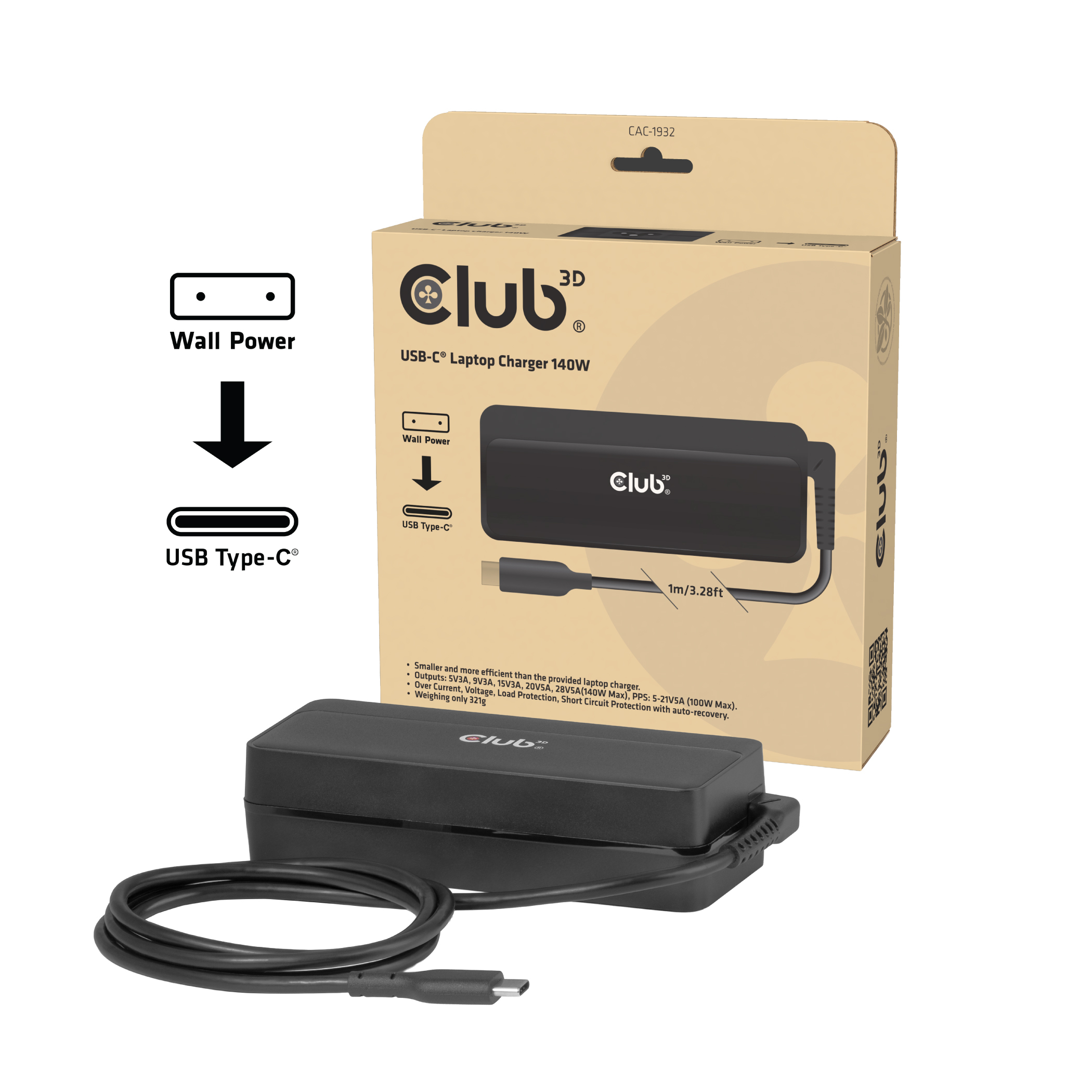CLUB3D Cargador USB-C� de port�til 140W