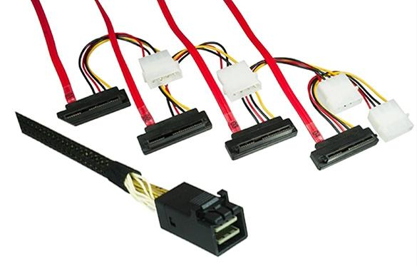 DINIC SAS Kabel SFF-8643 auf SFF-8482 gewinkelt, 0,75m HD mini SAS auf 4x Data/Power, Low Profile