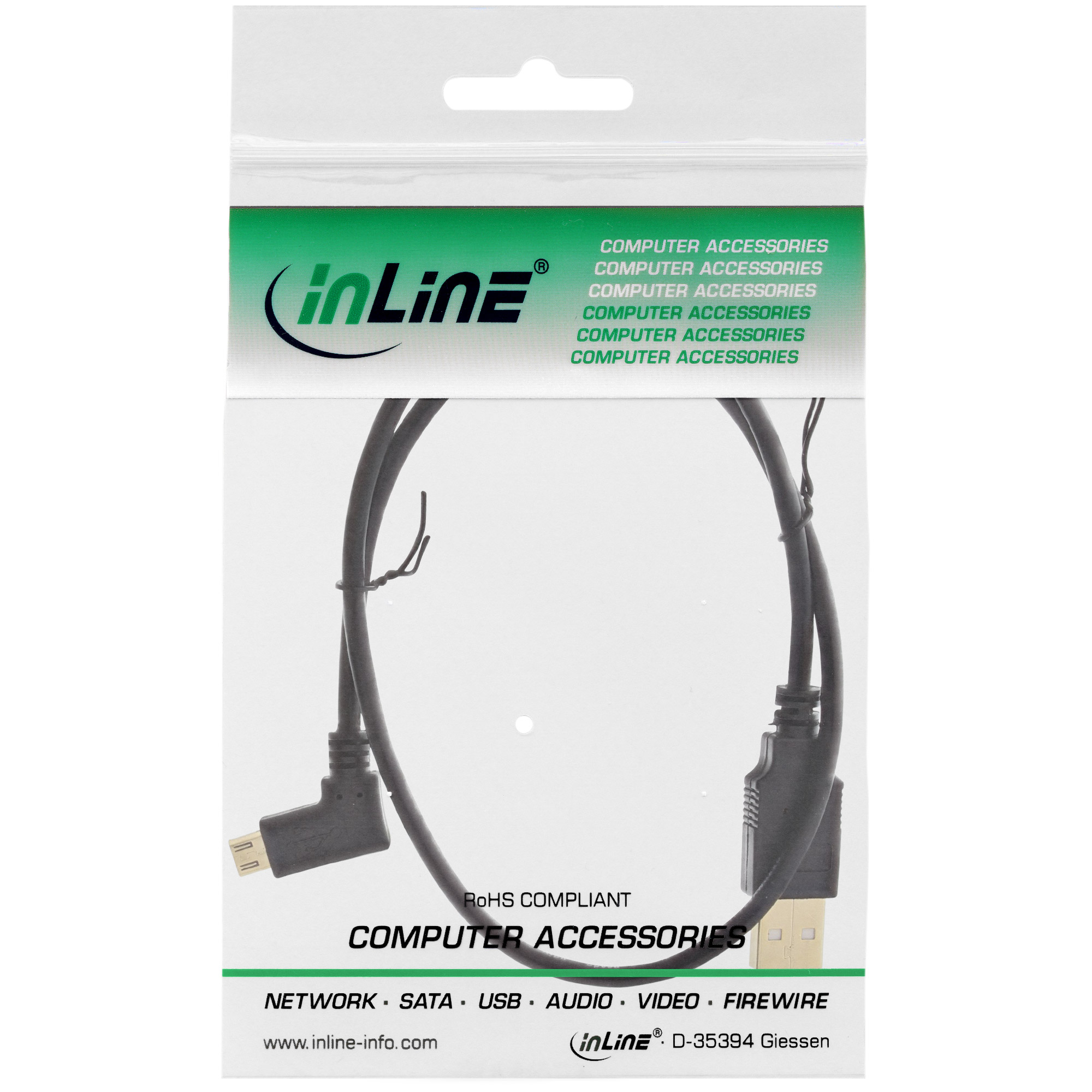 InLine Micro USB 2.0 Cable USB Type A male / Micro-B male, angled, black, 0.5m