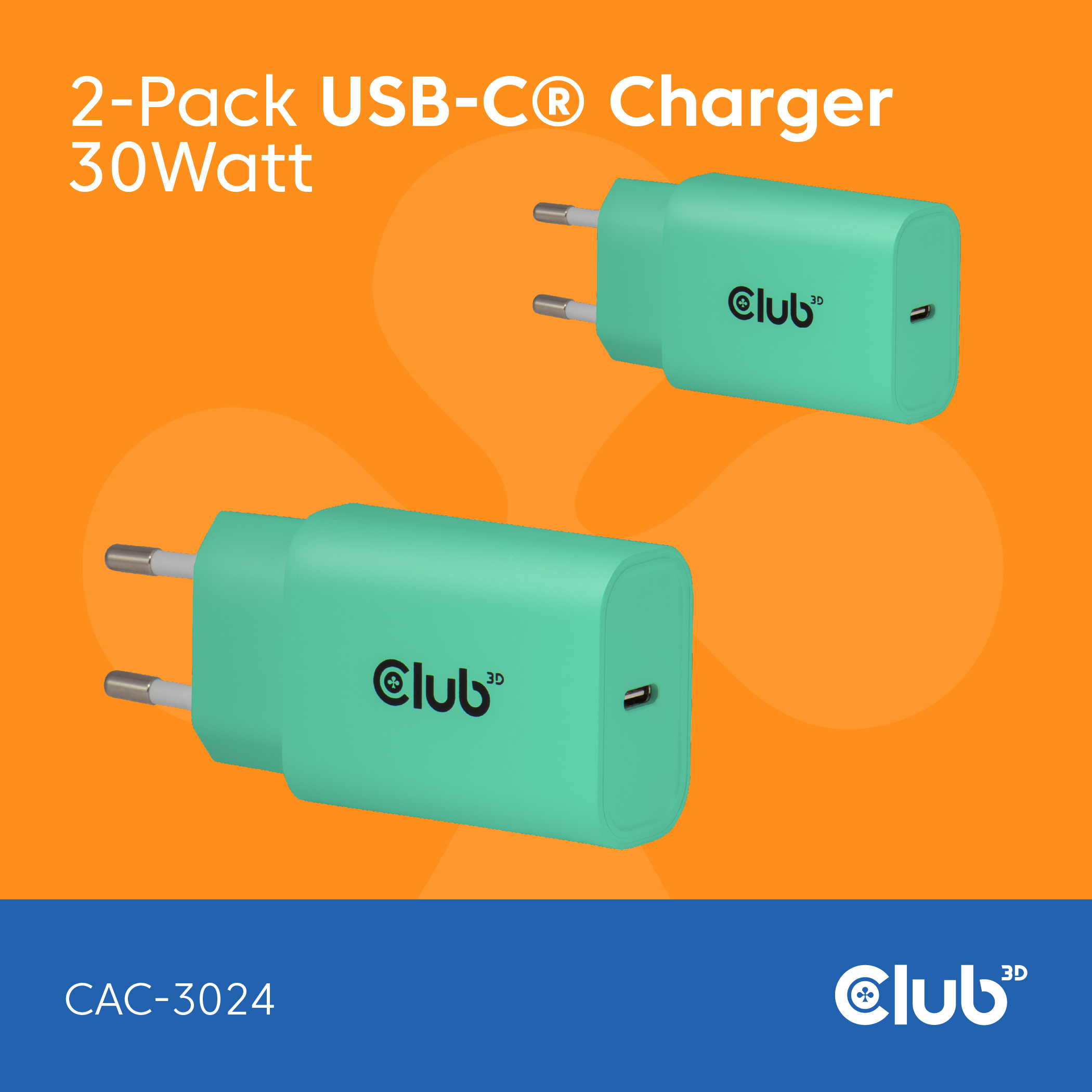 CLUB3D 2-Pack USB-C Charger 30Watt Green