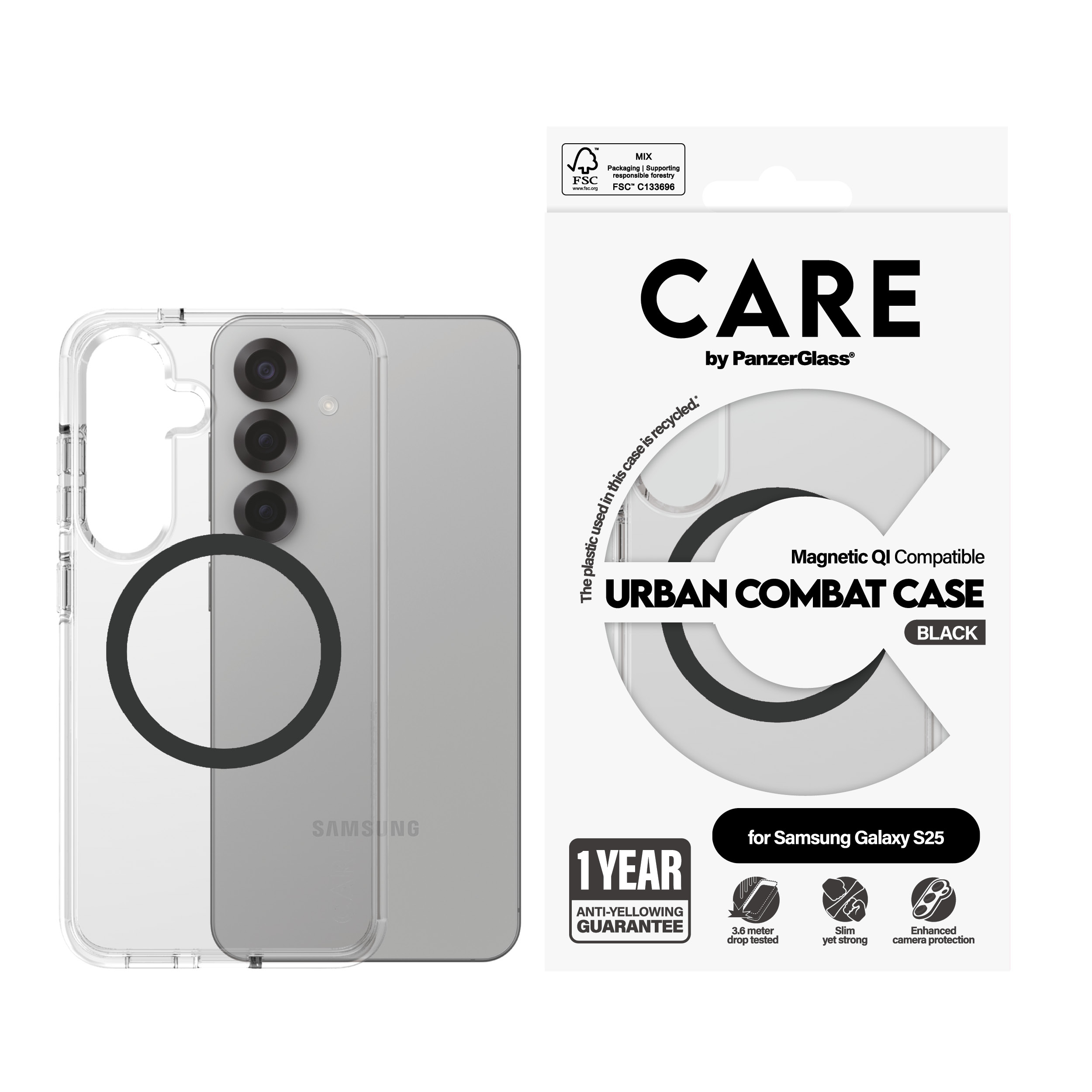 PanzerGlass CARE by  Flagship Case Transparent Urban Combat w. Black Qi Compatible Samsung Galaxy S25