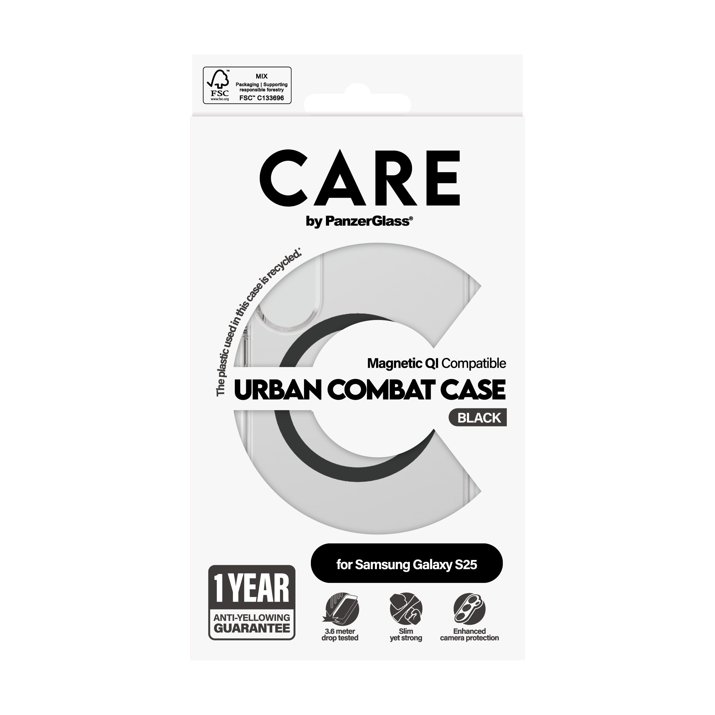 PanzerGlass CARE by  Flagship Case Transparent Urban Combat w. Black Qi Compatible Samsung Galaxy S25