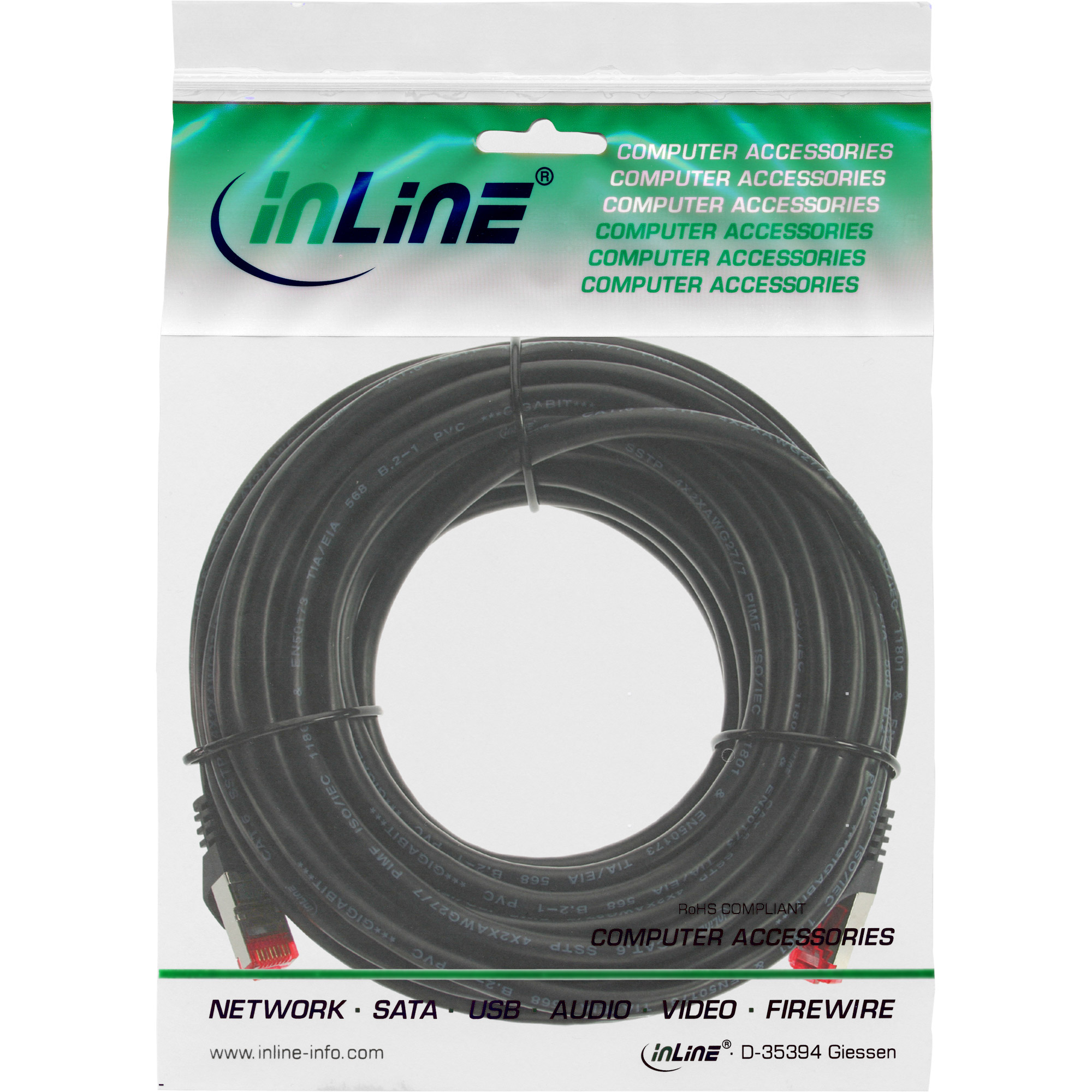 InLine Patch Cable S/FTP PiMF Cat.6 250MHz copper halogen free black 10m