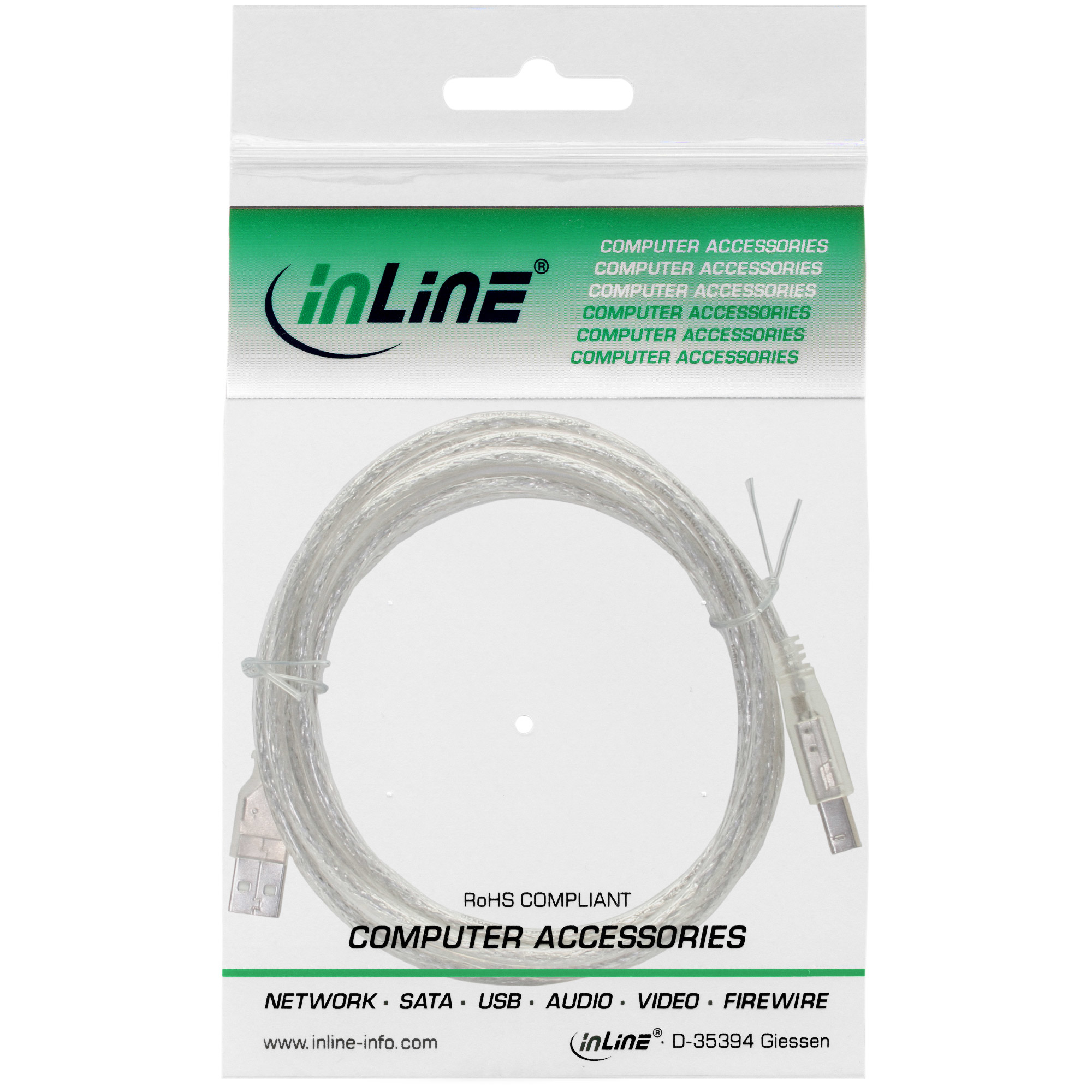 InLine USB 2.0 Cable Type A male / B male, transparent, 0.5m