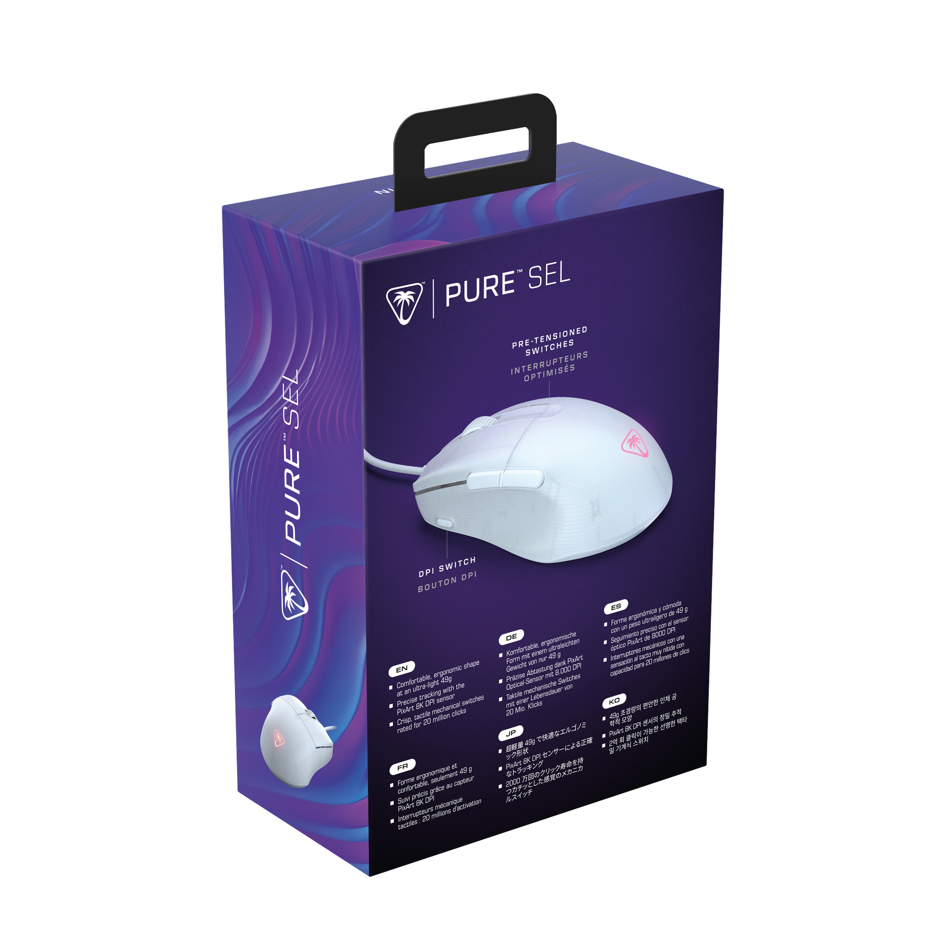 Turtle Beach Mouse da gioco RGB ergonomico ultraleggero Pure SEL, sensore ottico a 8K DPI, switch meccanici, sistema di pretensionamento, cuscinetti completamente in PTFE, illuminazione RGB Bianco
