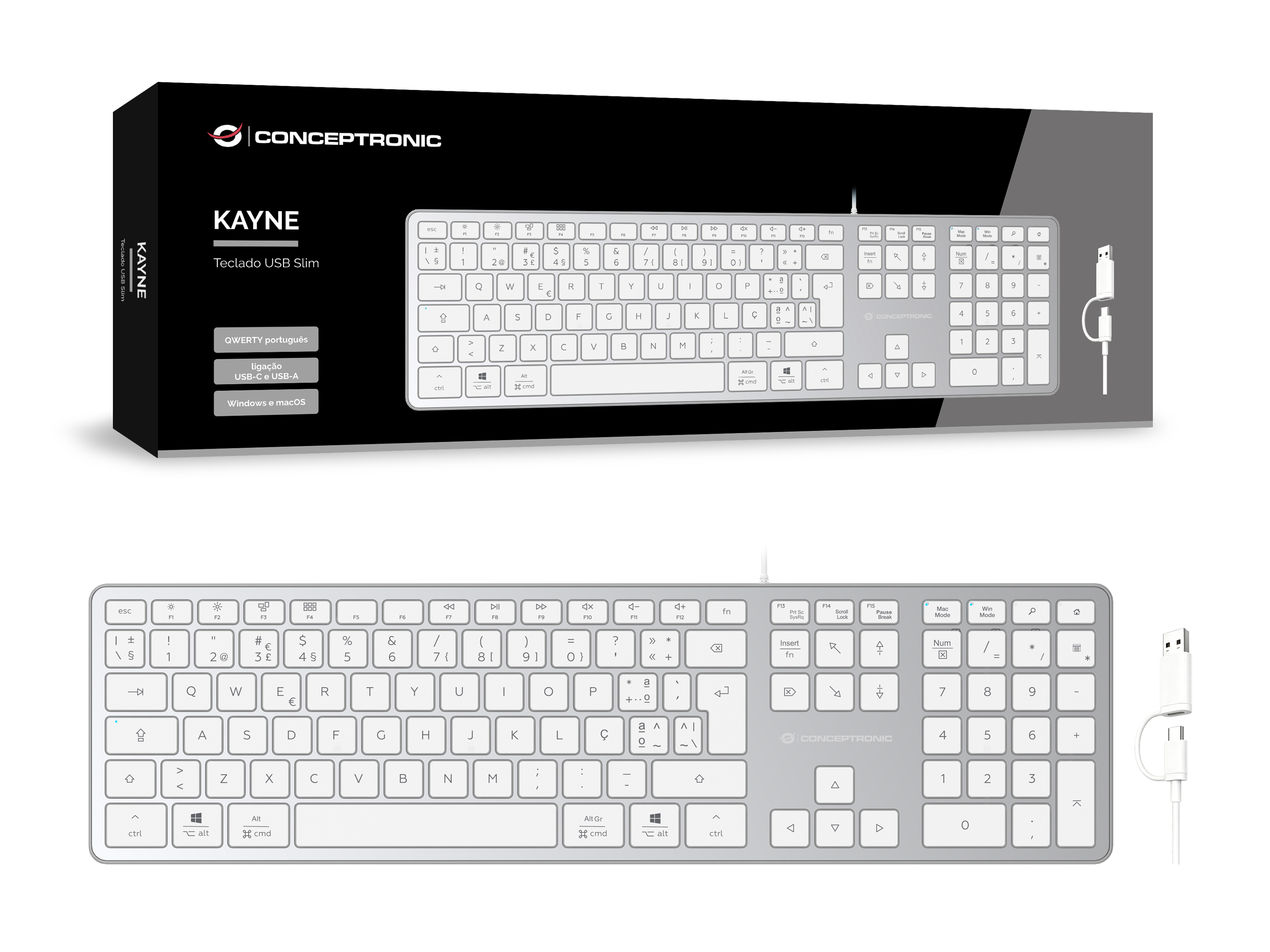 Conceptronic USB Tastatur slim USB-A/USB-C Layout PT ws - Tastatur